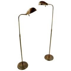 Retro Pair of Adjustable Brass Shell Shade Floor Lamps