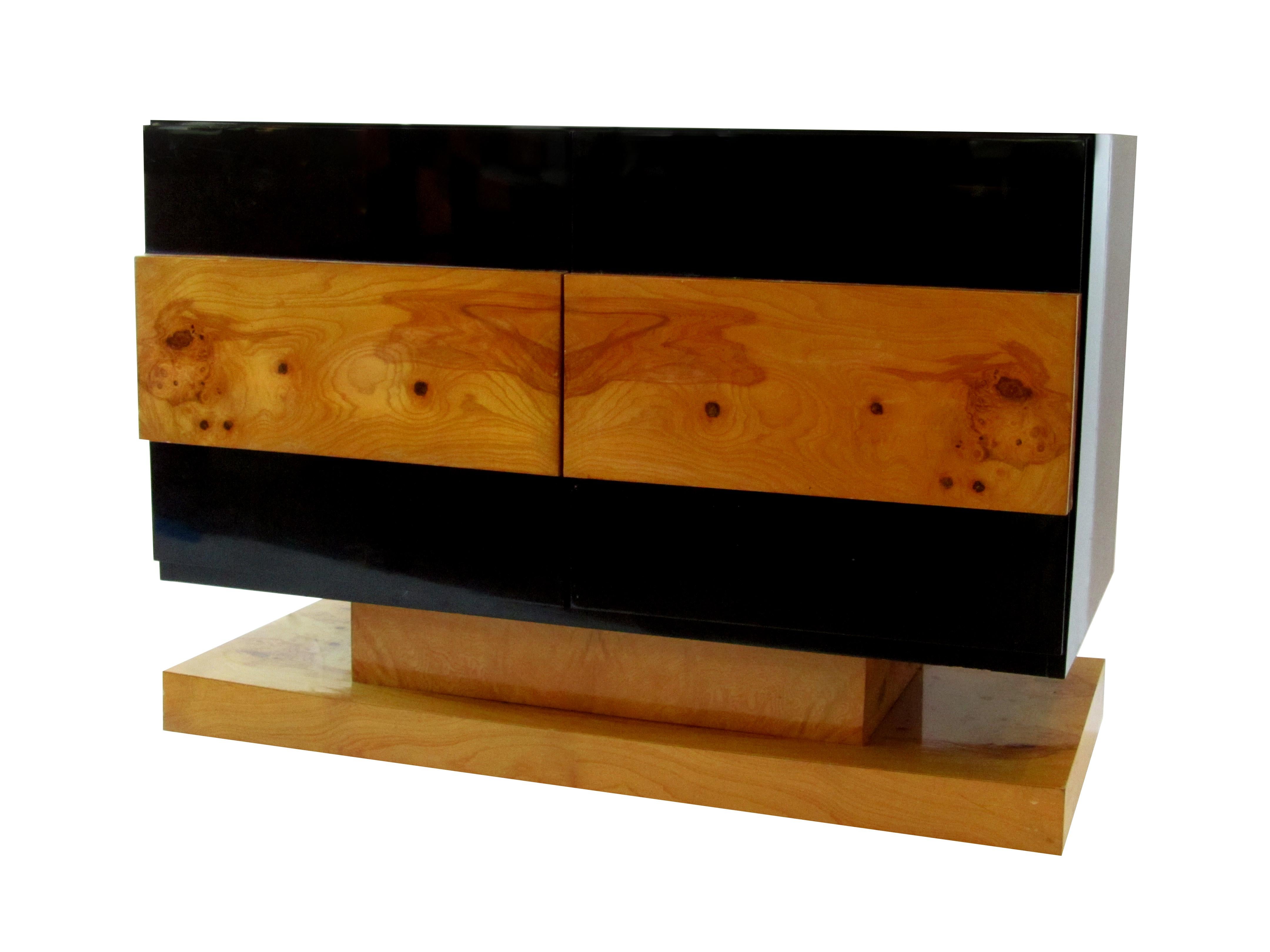 Late 20th Century Pair of American Modern Black Lacquer and Burled Wood Credenzas, Vladimir Kagan