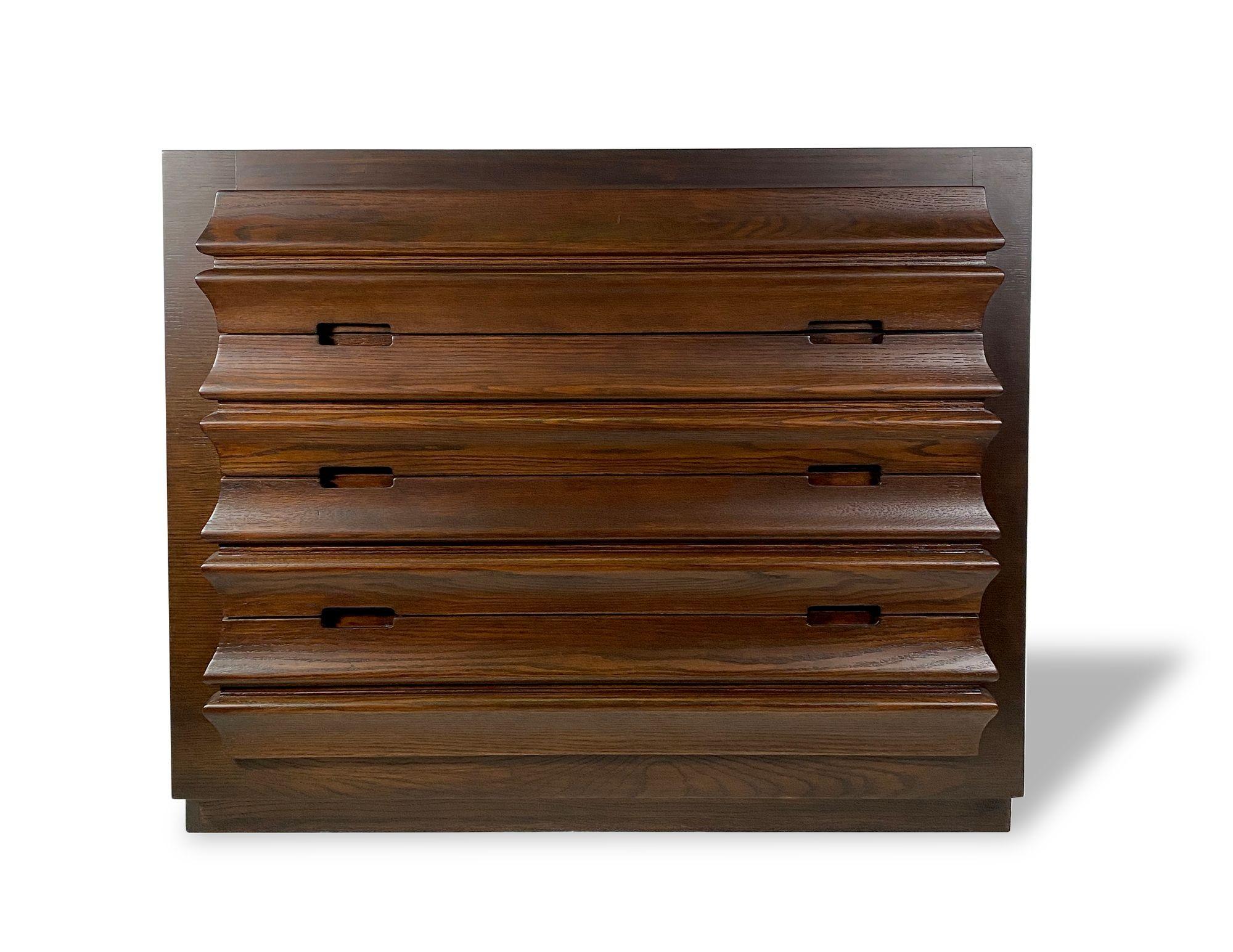 Pr American Modern Oak 4 Drawer Chests w/ Secret Compartment, James Mont In Good Condition For Sale In Hollywood, FL
