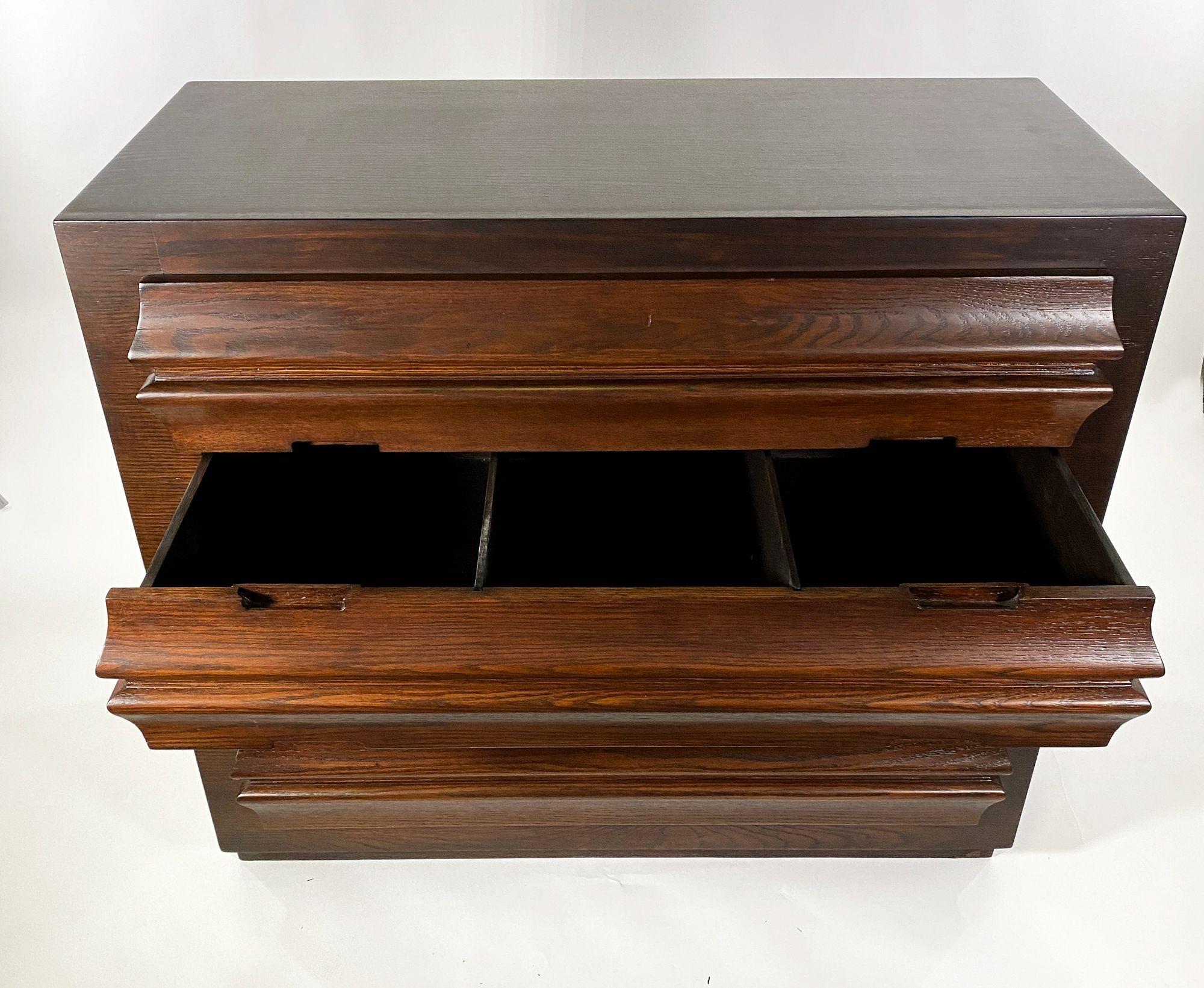 Mid-20th Century Pr American Modern Oak 4 Drawer Chests w/ Secret Compartment, James Mont For Sale