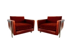 Pair of American Modern Polished Chrome, Leather & Velvet Armchairs, Milo Baug