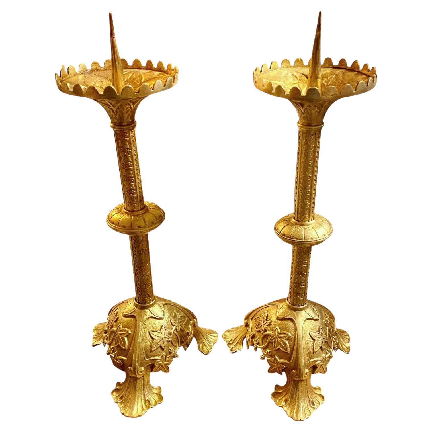 Pr. Antique French Chased Gilt Brass Alter Candlesticks