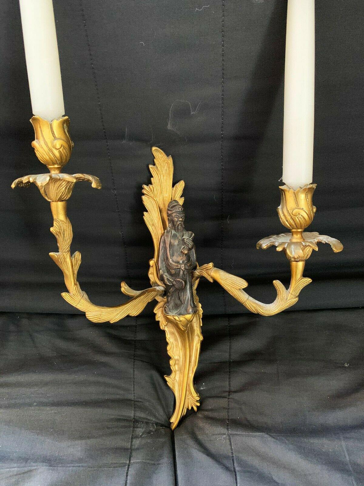 Pr. Antique French Maison Bagues style Chinoiserie Gilt & Patinated Wall Sconces For Sale 4