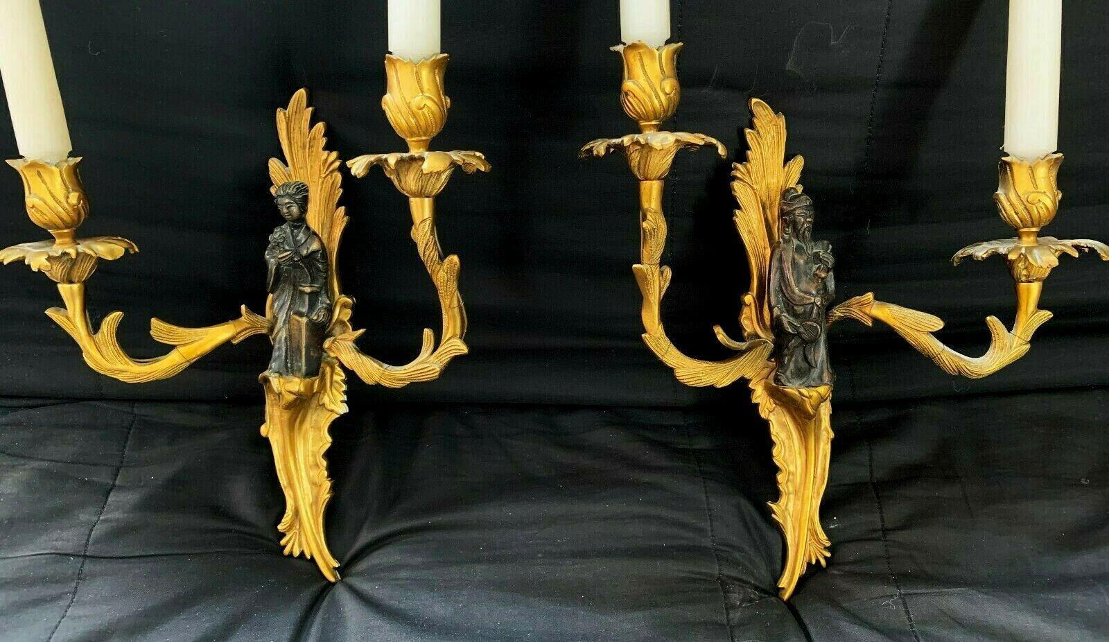 Pair French Antique Gilt & Patinated Bronze Chinoiserie Figural Wall Sconces. Louis XV Rococo style. Found these while on a buying trip to Paris. Faux candles with light socket at top. Very elegant.