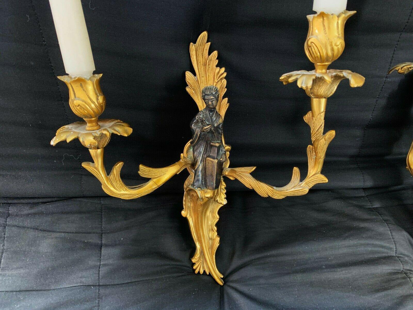 Pr. Antique French Maison Bagues style Chinoiserie Gilt & Patinated Wall Sconces In Good Condition For Sale In Opa Locka, FL