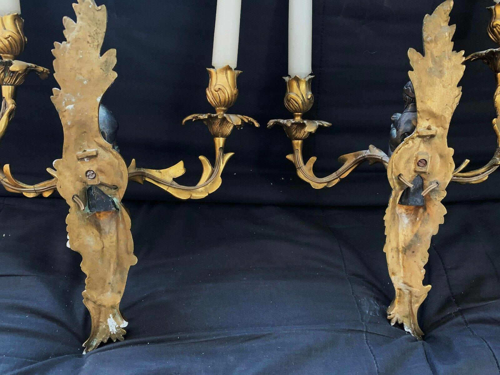 Early 20th Century Pr. Antique French Maison Bagues style Chinoiserie Gilt & Patinated Wall Sconces For Sale