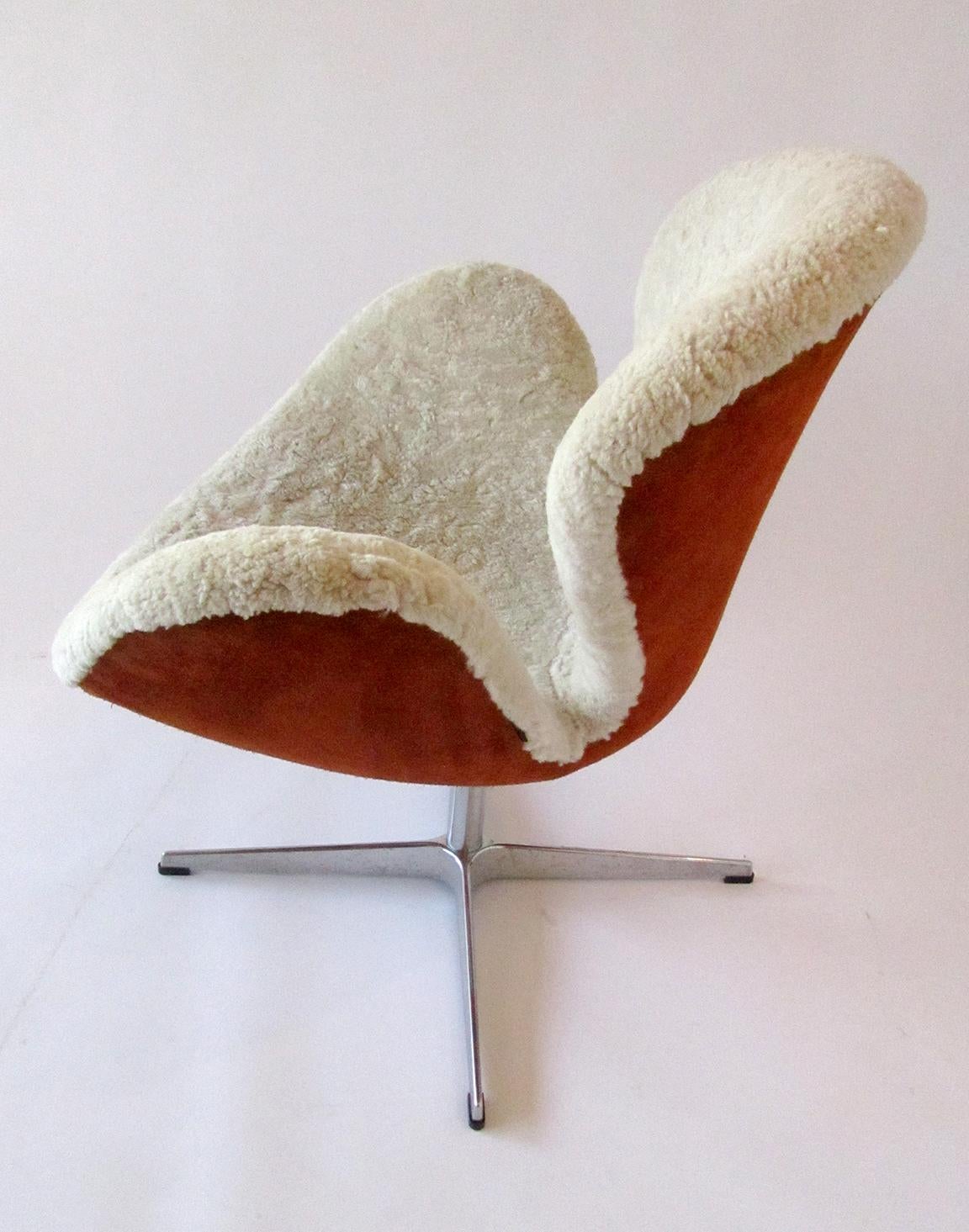 4 available- created it 2009 and marketed by Suite NY, these Swan chairs are exceedingly rare as few were made- Produced by Fritz Hansen, they were done in New Zealand Shearling and Fine Suede.