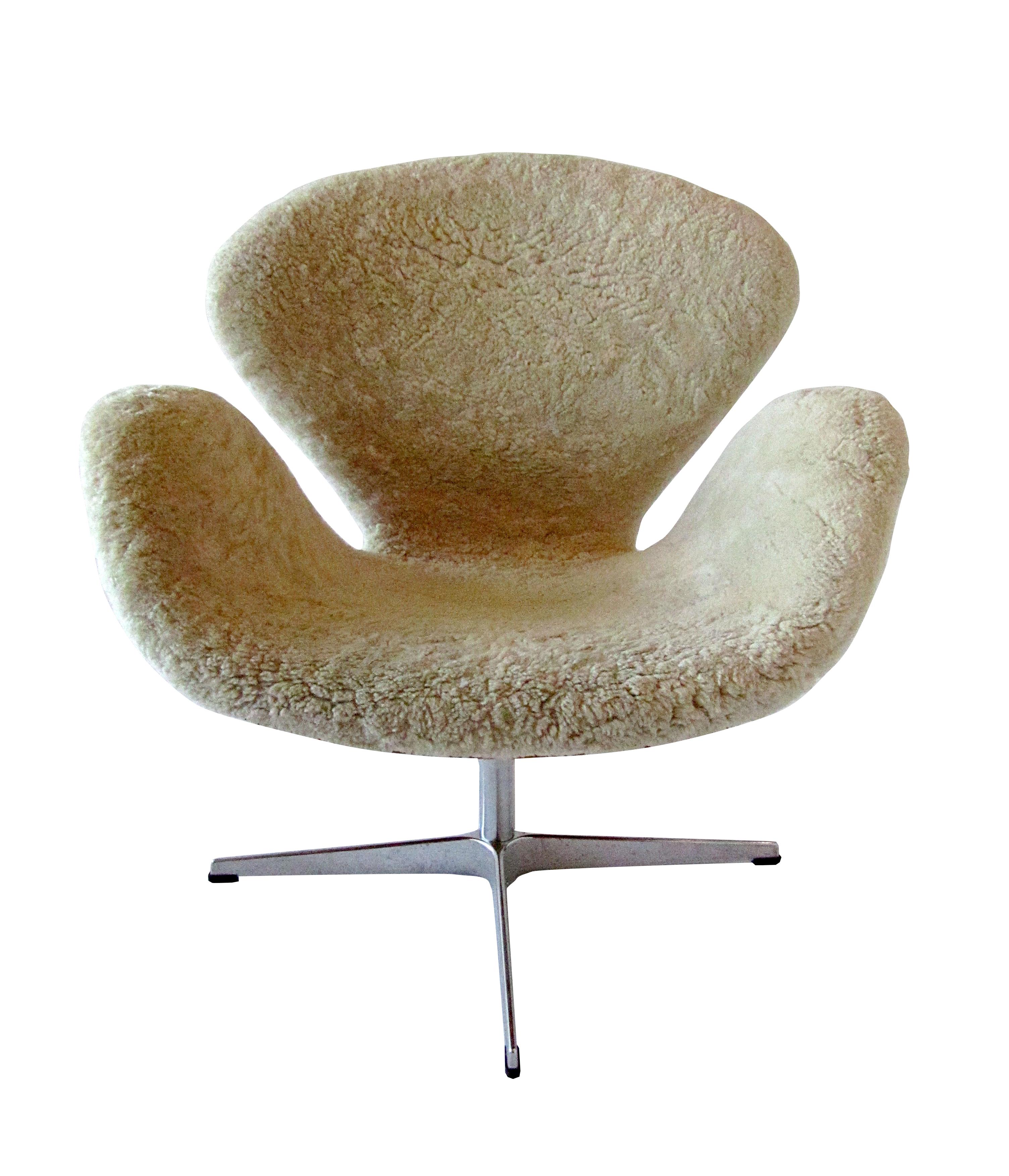 Contemporary Pr Arne Jacobsen Limited Edition Shearling and Suede Swan Chairs, Fritz Hansen