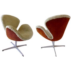 Pr Arne Jacobsen Limited Edition Shearling and Suede Swan Chairs, Fritz Hansen