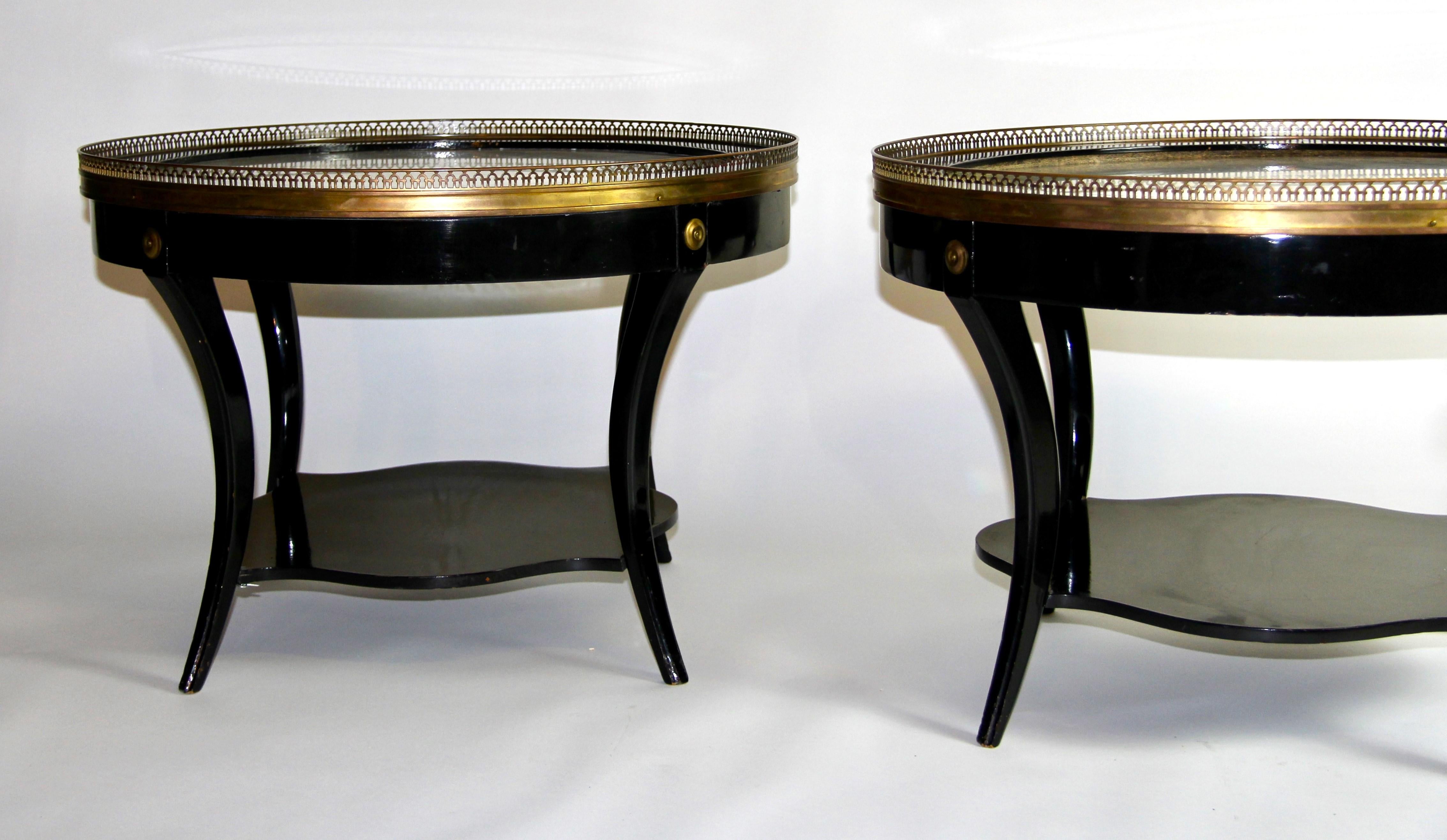 Pr. Art Deco Gilt Bronze Mounted Black Lacquer Marble Top Side Tables, Jansen For Sale 4