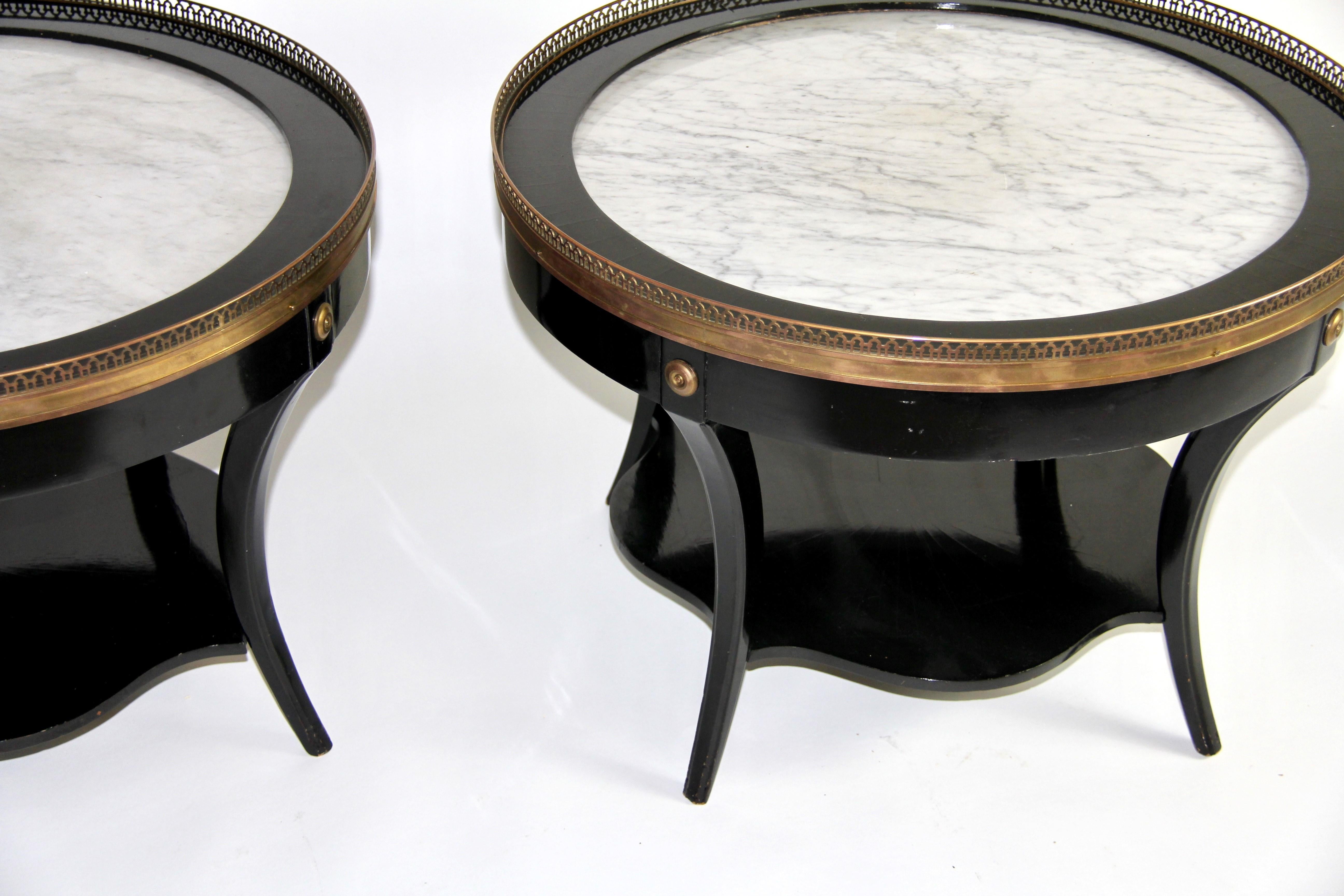 French Pr. Art Deco Gilt Bronze Mounted Black Lacquer Marble Top Side Tables, Jansen For Sale