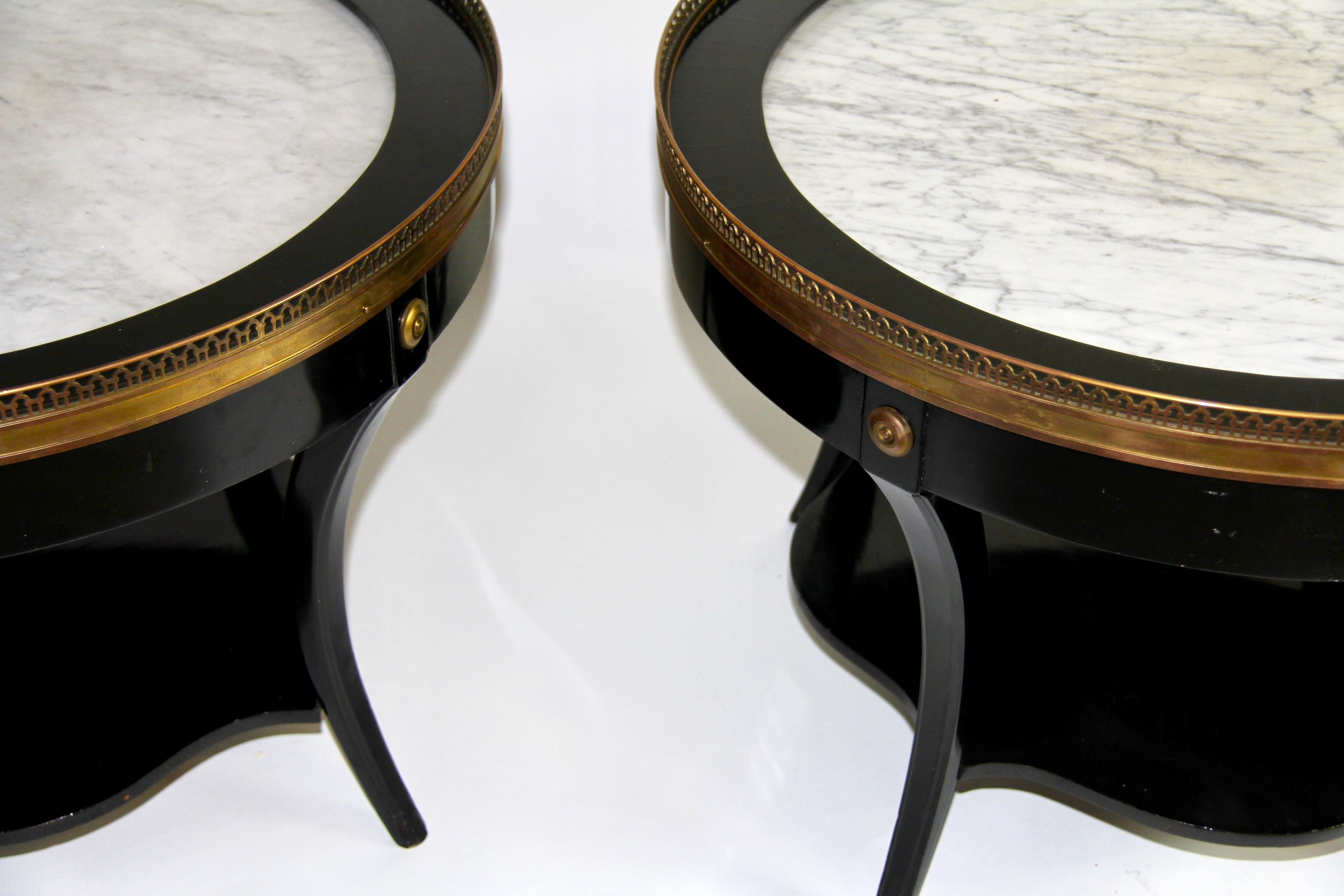 Hand-Carved Pr. Art Deco Gilt Bronze Mounted Black Lacquer Marble Top Side Tables, Jansen For Sale