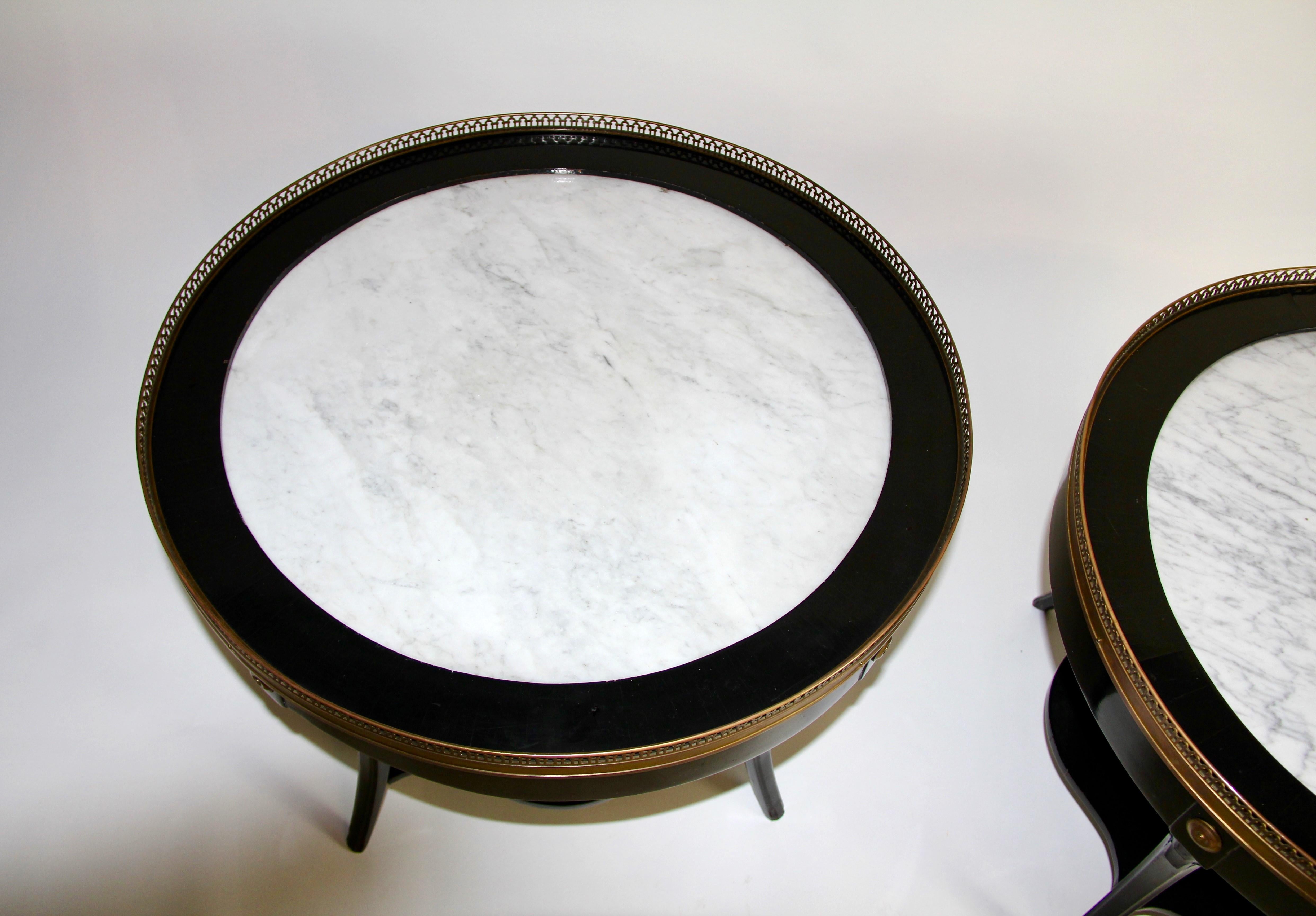 Pr. Art Deco Gilt Bronze Mounted Black Lacquer Marble Top Side Tables, Jansen In Good Condition For Sale In New York, NY