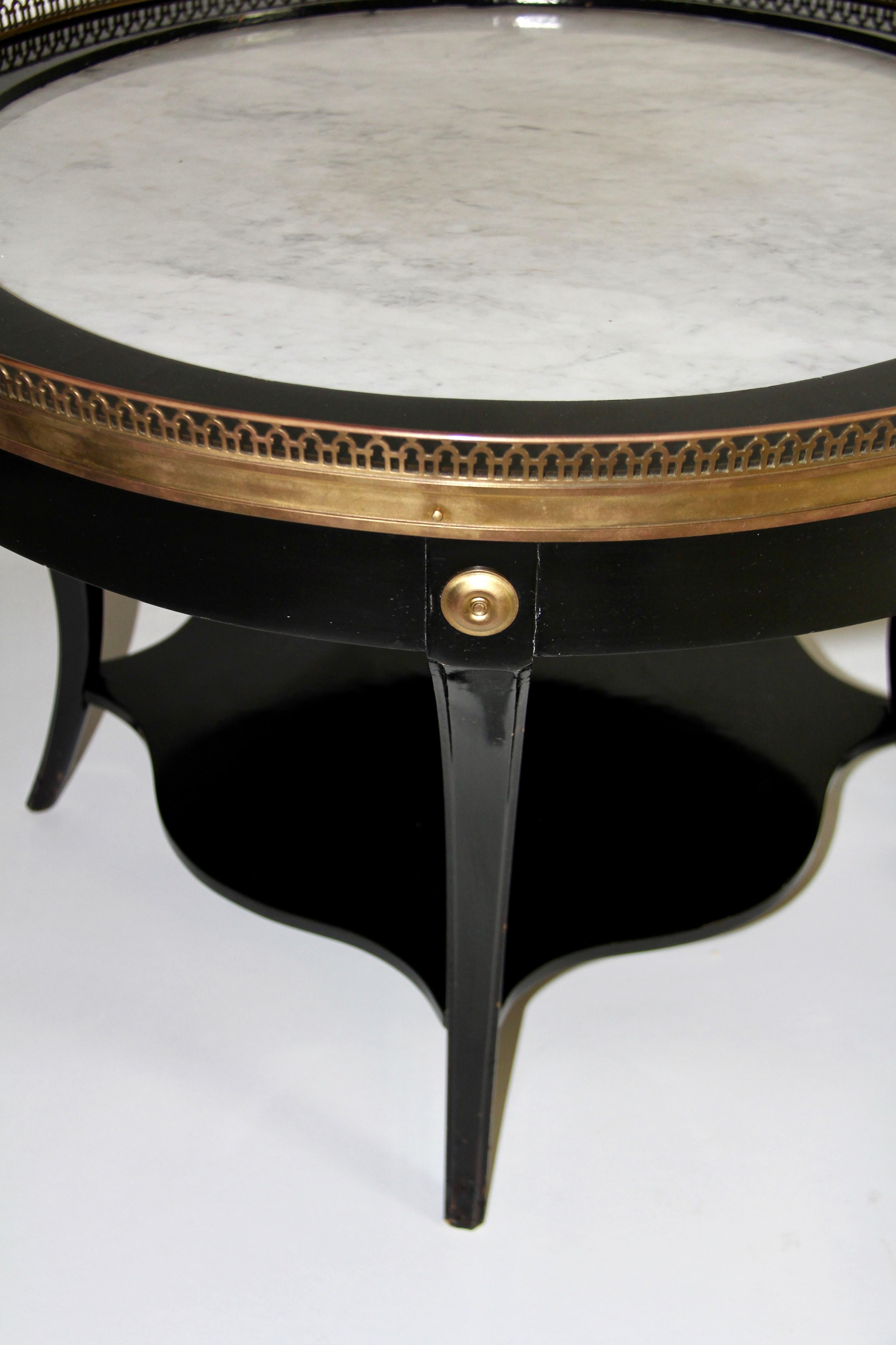 Mid-20th Century Pr. Art Deco Gilt Bronze Mounted Black Lacquer Marble Top Side Tables, Jansen For Sale