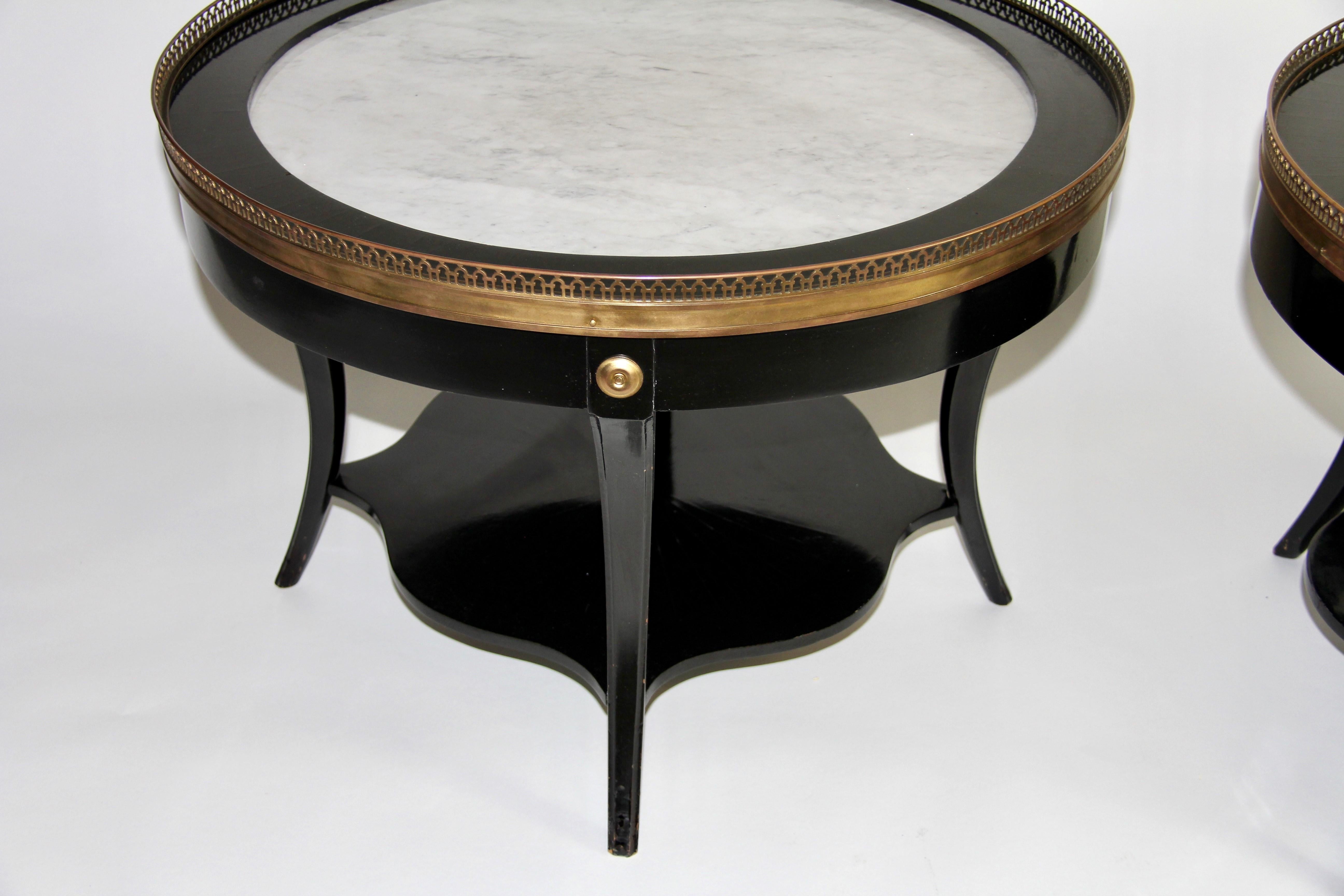 Pr. Art Deco Gilt Bronze Mounted Black Lacquer Marble Top Side Tables, Jansen For Sale 1
