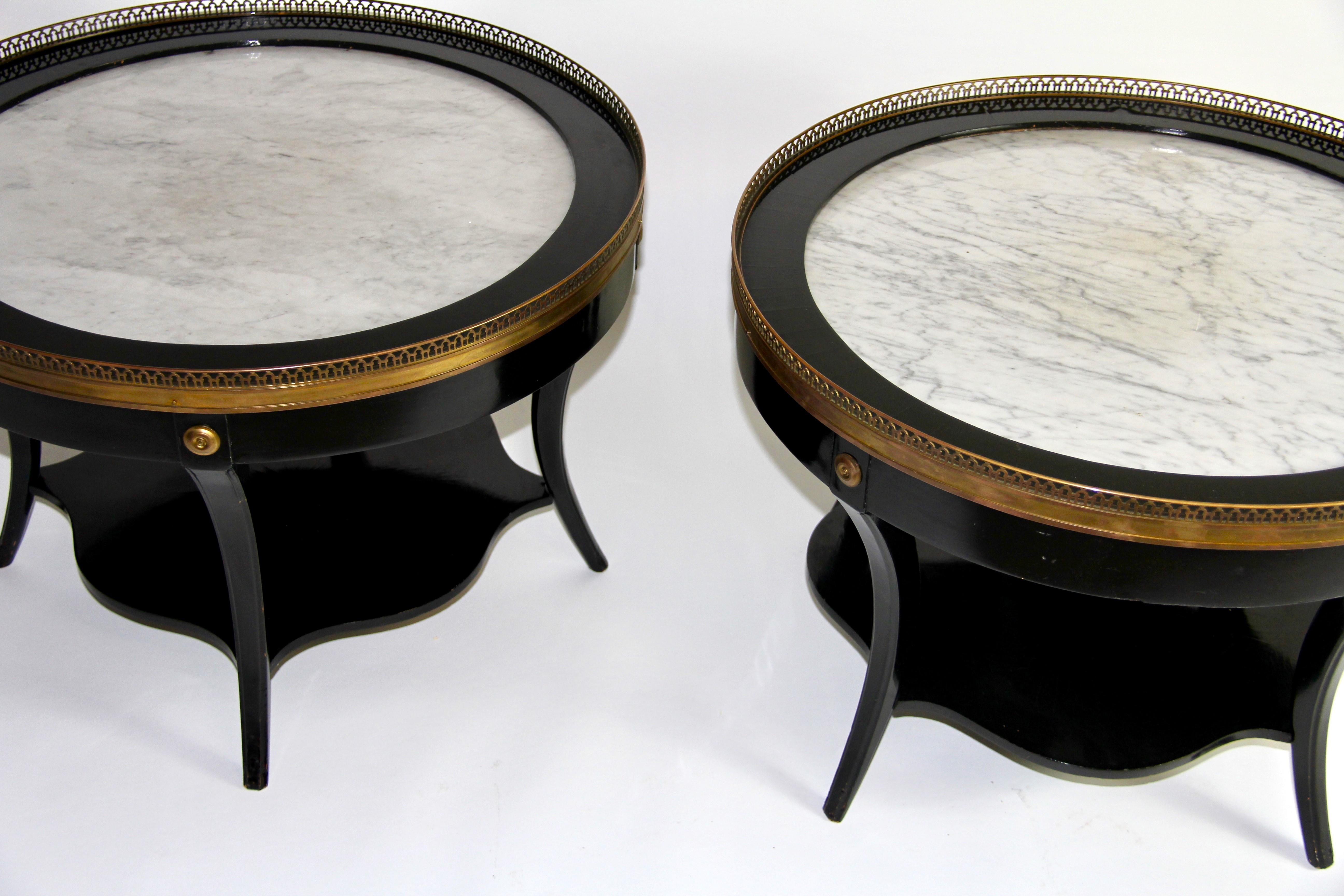 Pr. Art Deco Gilt Bronze Mounted Black Lacquer Marble Top Side Tables, Jansen For Sale 2