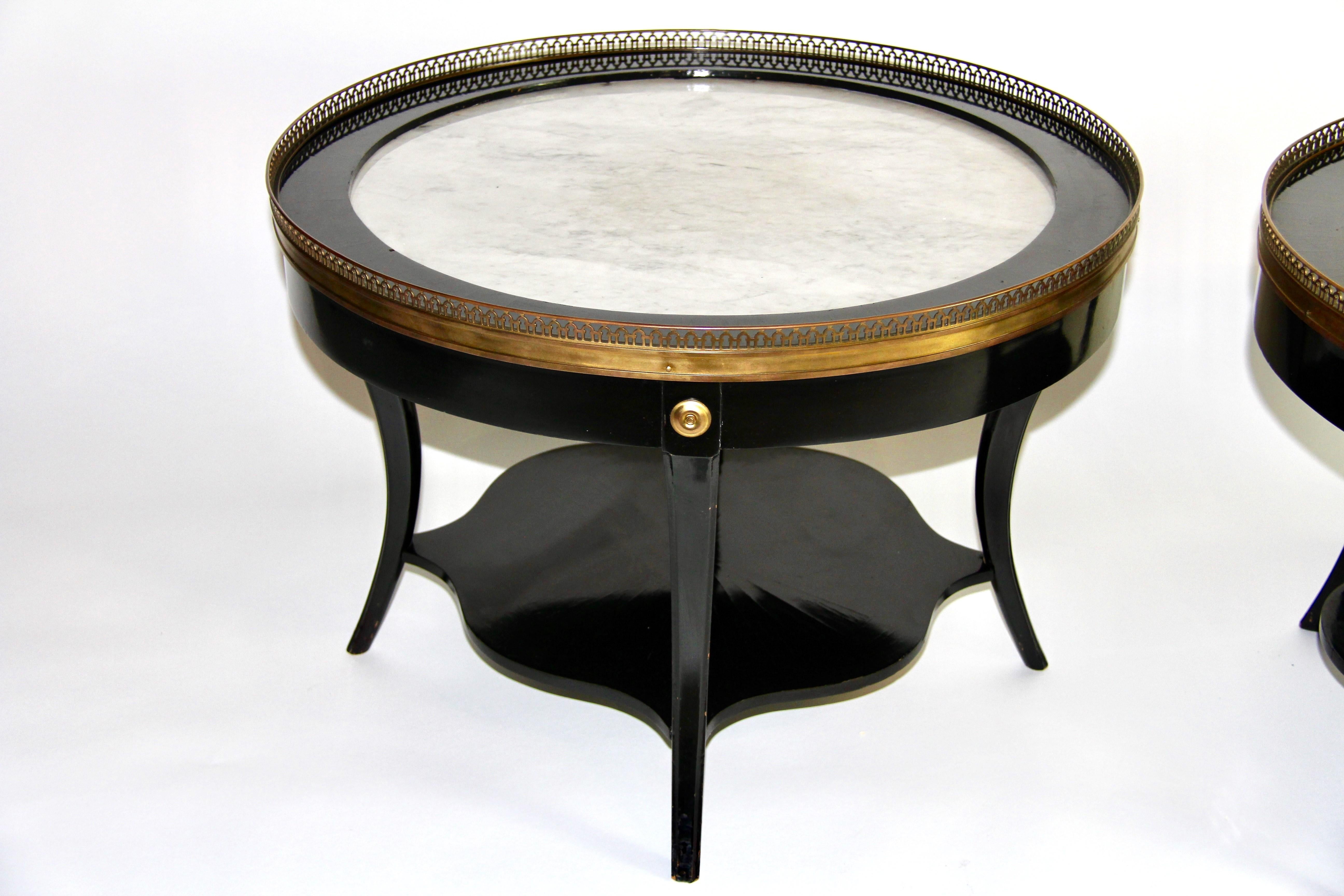 Pr. Art Deco Gilt Bronze Mounted Black Lacquer Marble Top Side Tables, Jansen For Sale 3