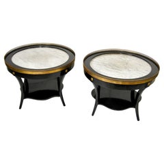 Pr. Art Deco Gilt Bronze Mounted Black Lacquer Marble Top Side Tables, Jansen