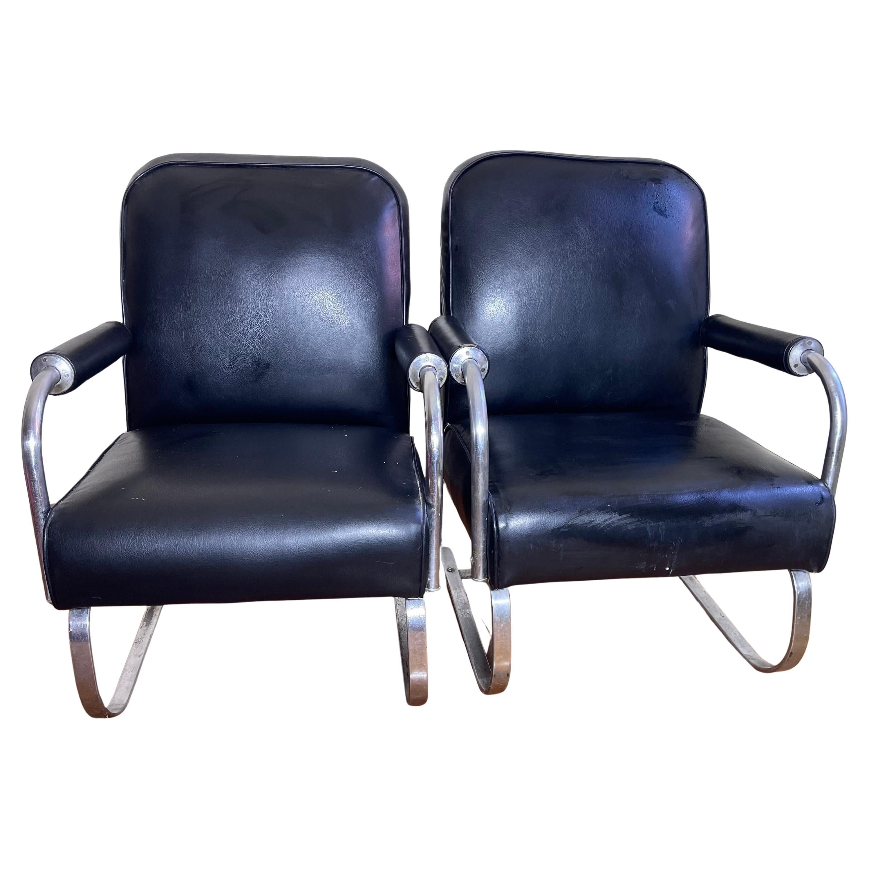 American Pr. Art Deco/ Machine Age Chrome & Leather KEM Weber Springer Lounge Chairs For Sale