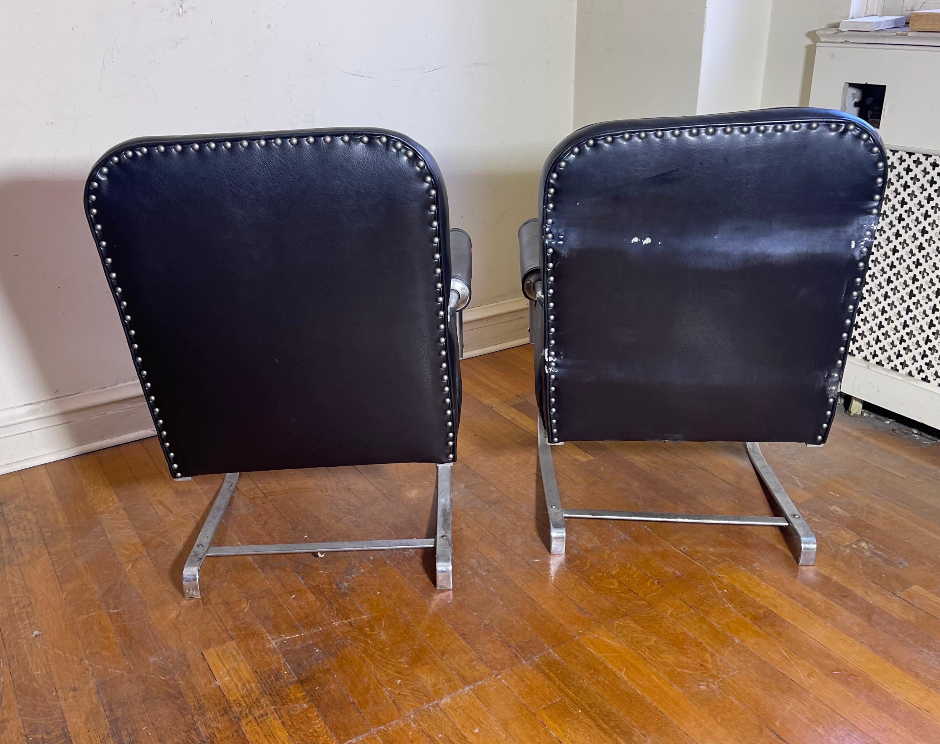 Mid-20th Century Pr. Art Deco/ Machine Age Chrome & Leather KEM Weber Springer Lounge Chairs For Sale