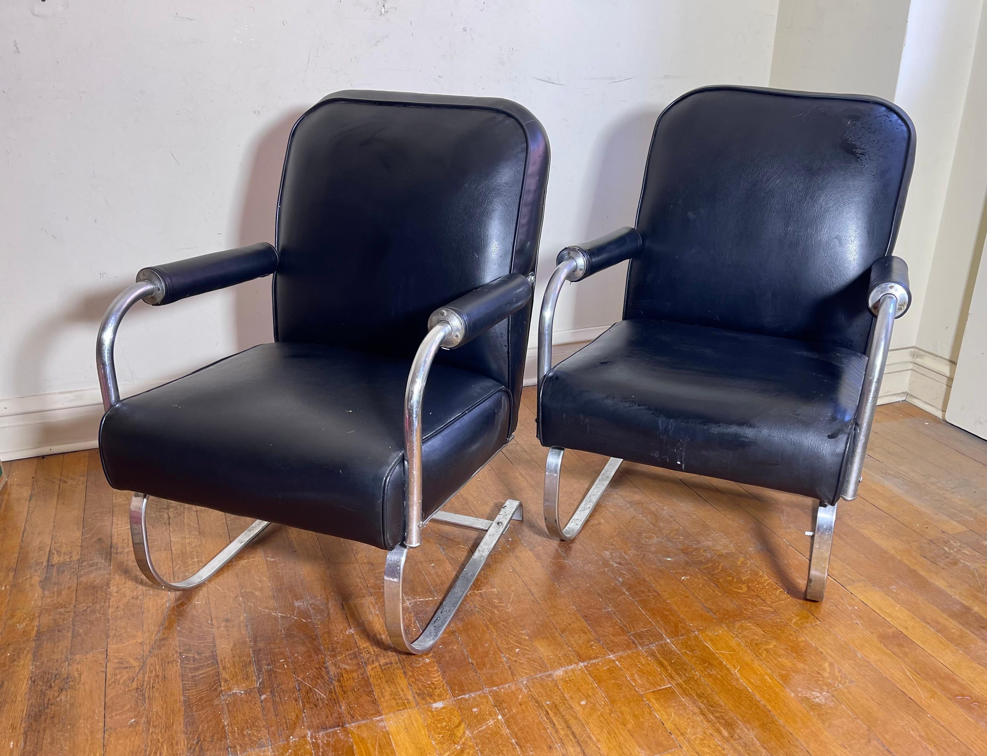 Pr. Art Deco/ Machine Age Chrome & Leather KEM Weber Springer Lounge Chairs For Sale 1