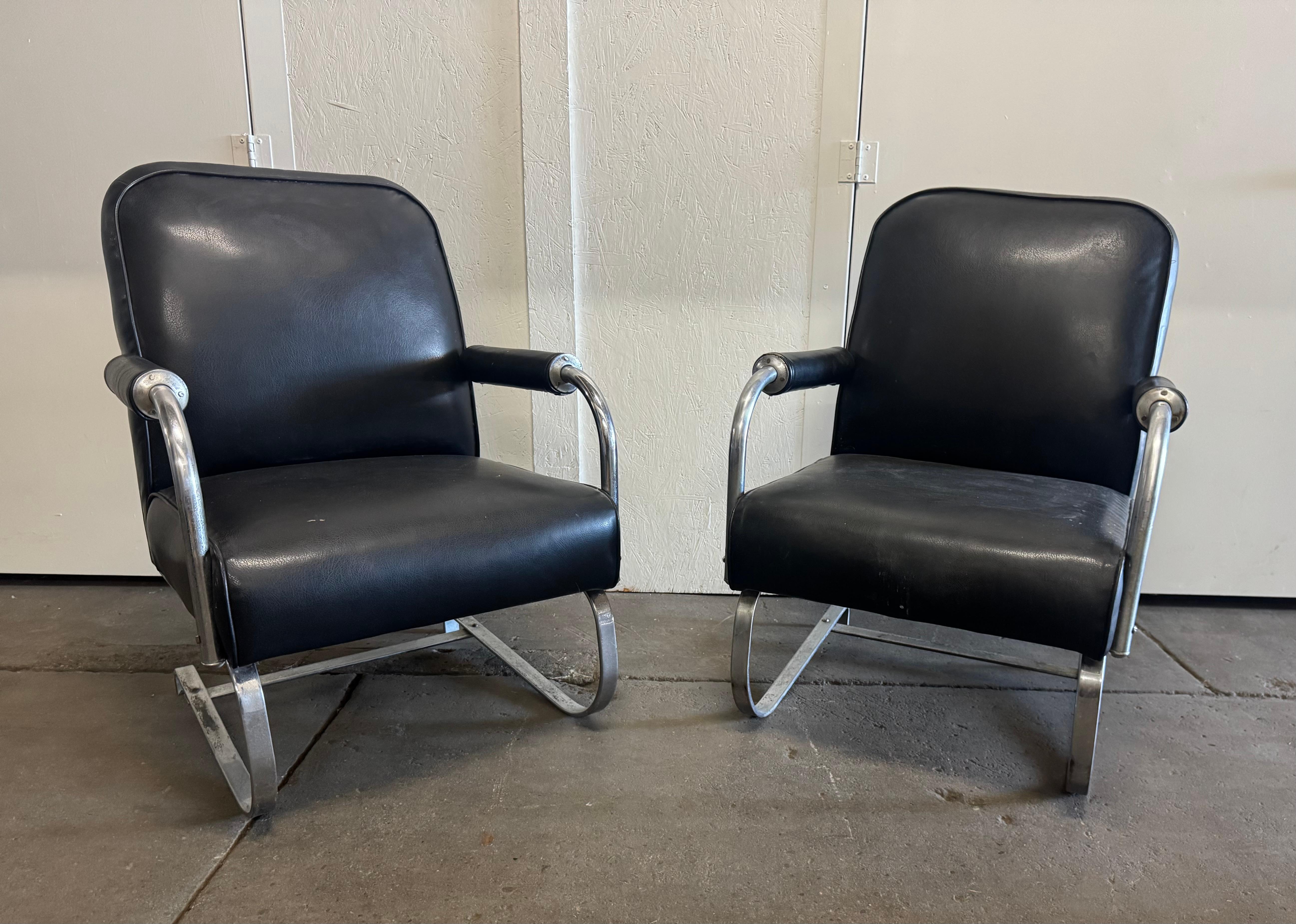 Pr. Art Deco/ Machine Age Chrome & Leather KEM Weber Springer Lounge Chairs For Sale 2