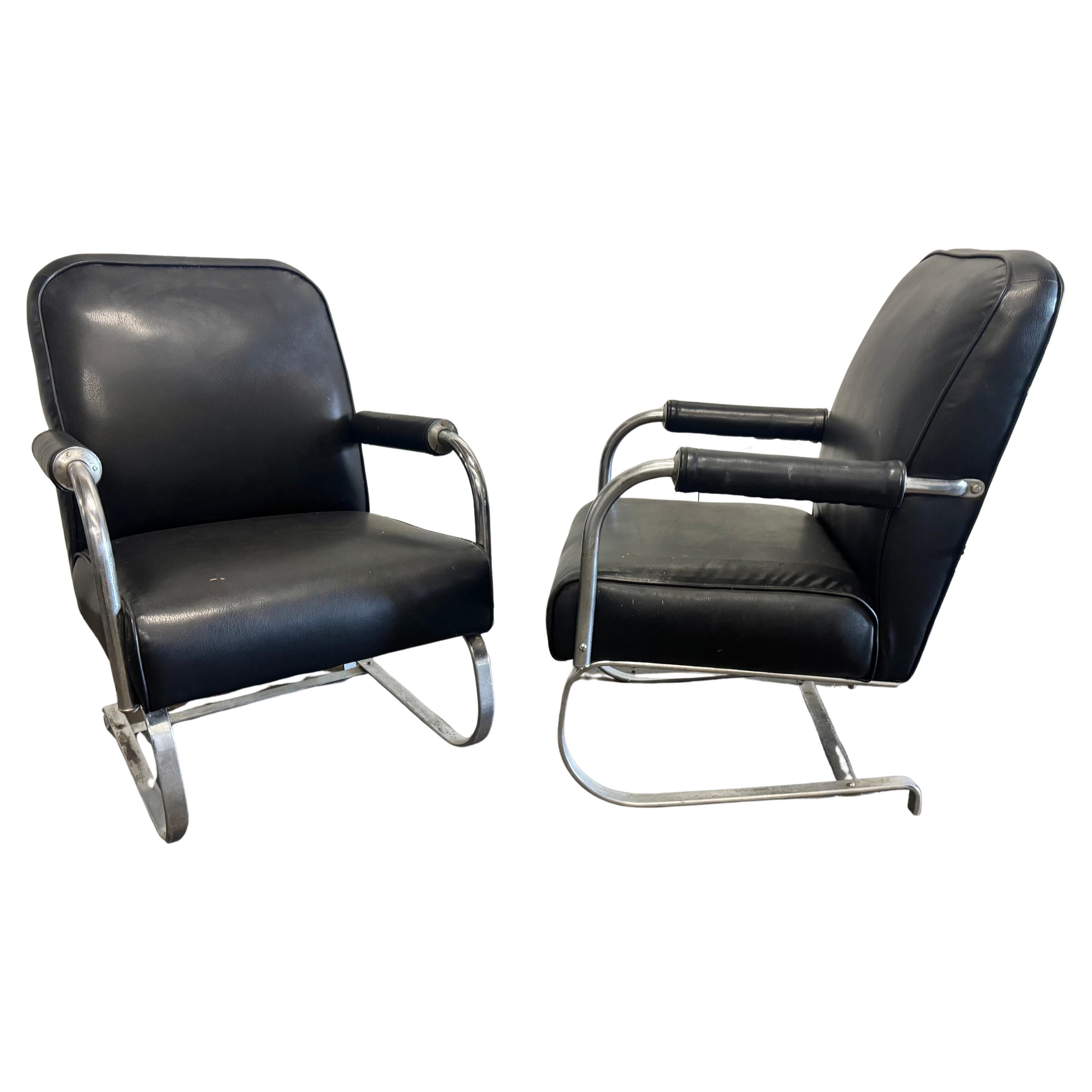 Pr. Art Deco/ Machine Age Chrome & Leather KEM Weber Springer Lounge Chairs For Sale
