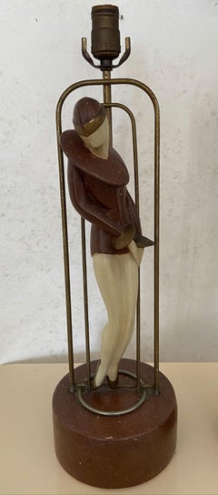 Pair of Art Deco Metal and Plaster Lamps with Stylized Flapper Women