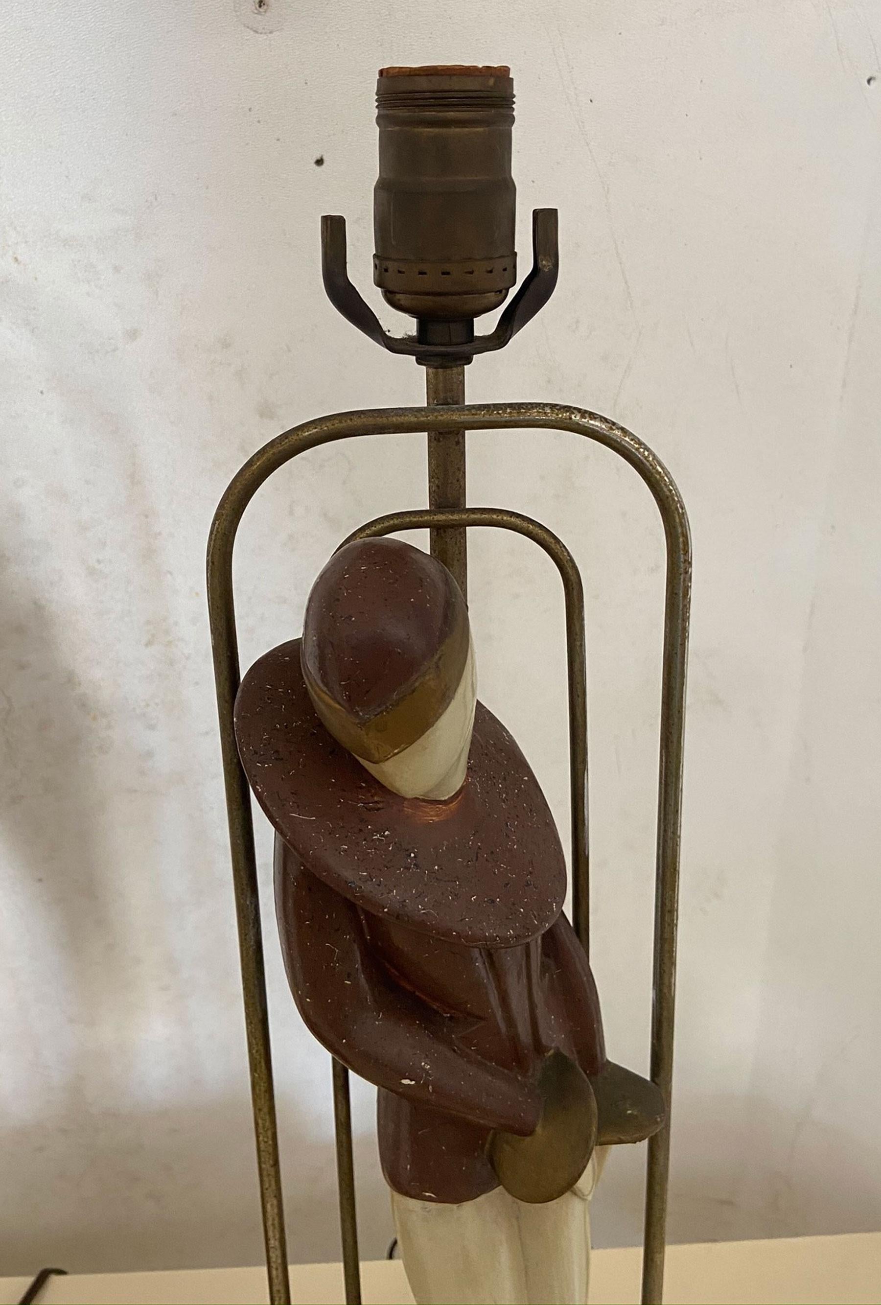 Molded Pair of Art Deco Metal and Plaster Lamps with Stylized Flapper Women
