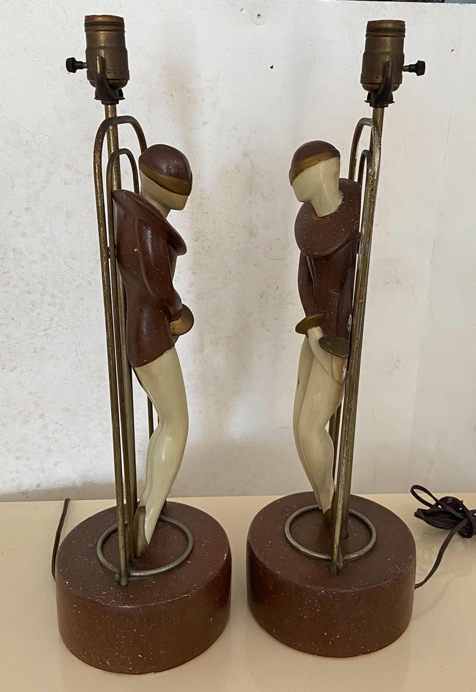 Pair of Art Deco Metal and Plaster Lamps with Stylized Flapper Women In Good Condition In West Palm Beach, FL