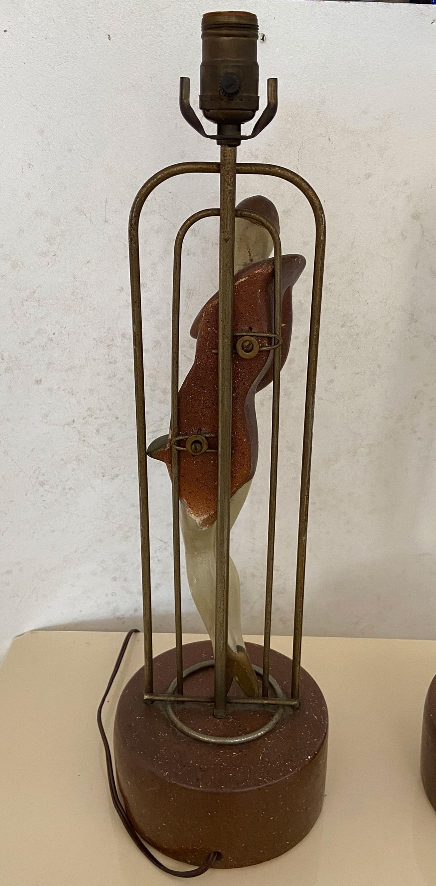 20th Century Pair of Art Deco Metal and Plaster Lamps with Stylized Flapper Women