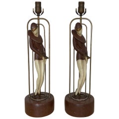 Pair of Art Deco Metal and Plaster Lamps with Stylized Flapper Women  