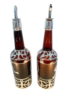 Pair Art Deco Silver Overlay Amber 'Scotch' & ' Rye' Decanters, Back Bar Bottles