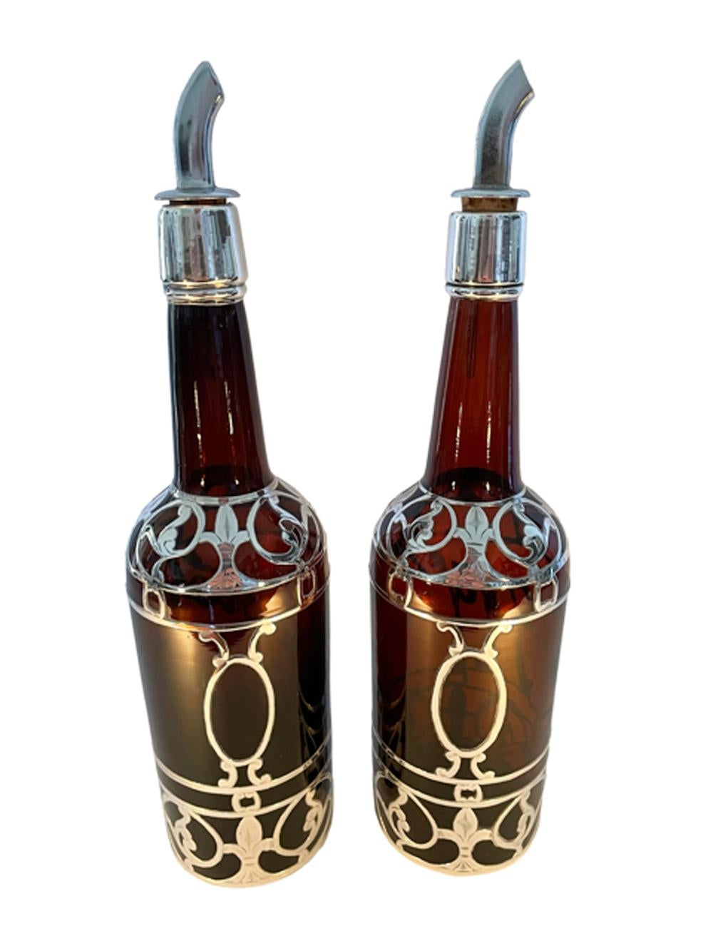 American Pair Art Deco Silver Overlay Amber 'Scotch' & ' Rye' Decanters, Back Bar Bottles For Sale