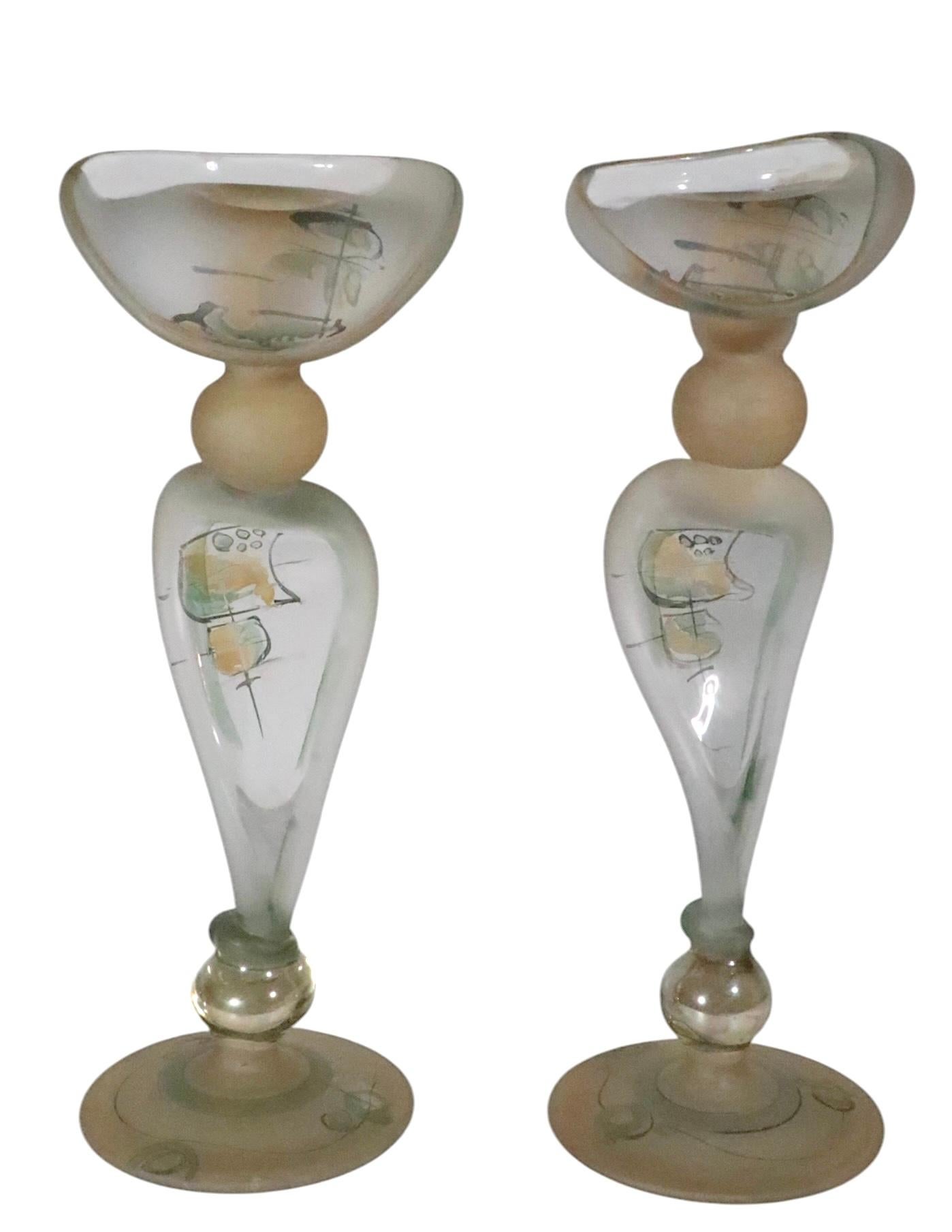 Post-Modern Pr. Art Glass Candlesticks made in Romania by  Ion Tamaian c. 1970's For Sale