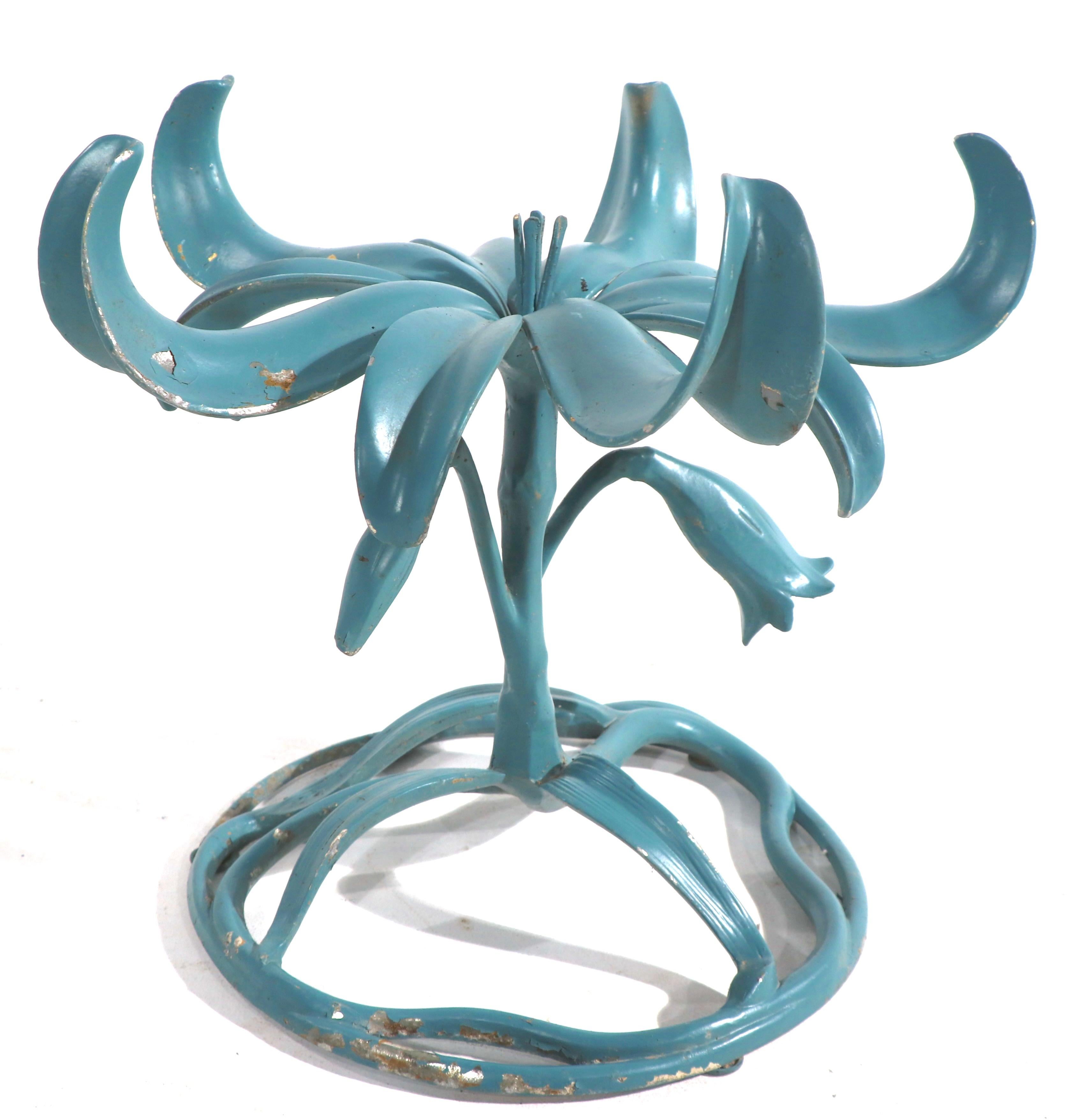 Pair of Arthur Court Lilly flower table bases in later turquoise paint finish. The bases are made of cast aluminum, both are in good condition, some missing stamens - please see images. Offering these as a pair, no glass tops included. Replace the