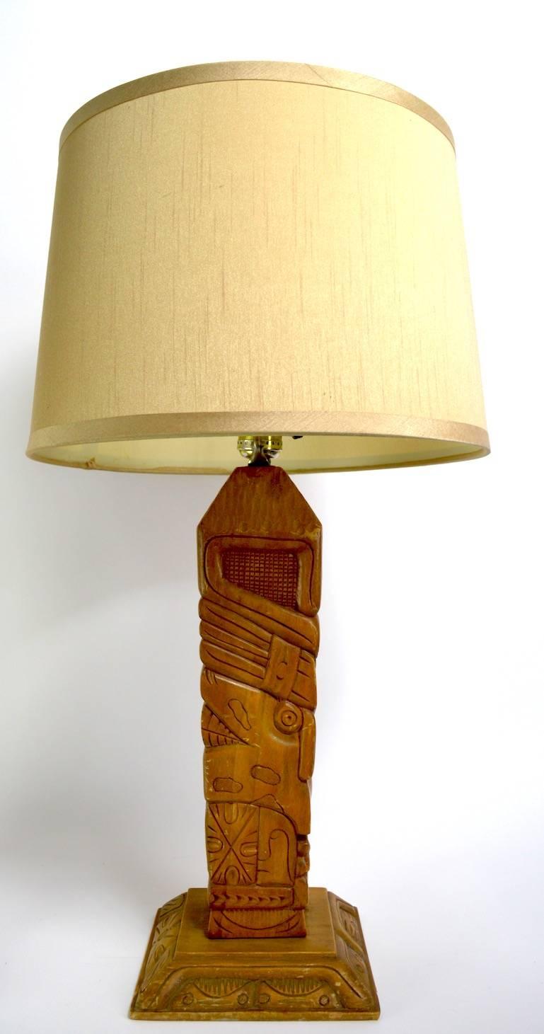 Mid-Century Modern Pair of Aztec Motif Carved Wood Tiki Lamps For Sale