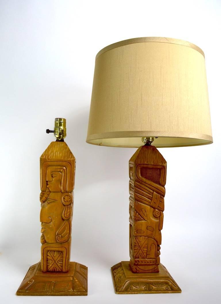American Pair of Aztec Motif Carved Wood Tiki Lamps For Sale