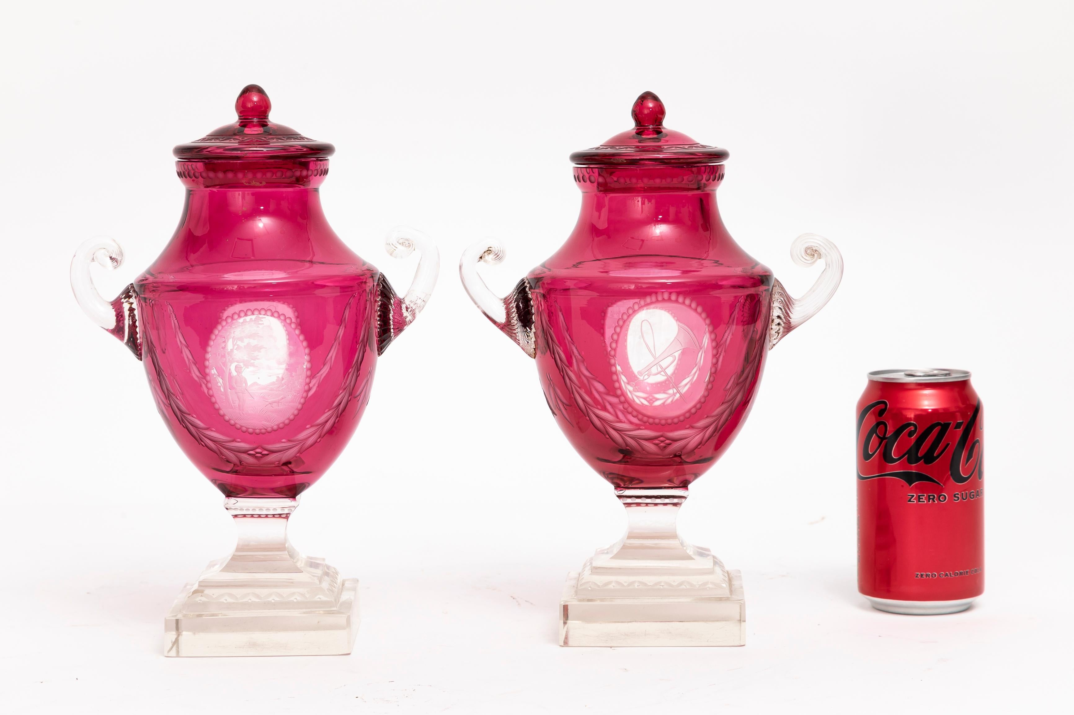 Louis XVI Pr. Baccarat Red Cut-to-Clear Covered Vases w/ Central Cameo of Hunting Trophies For Sale