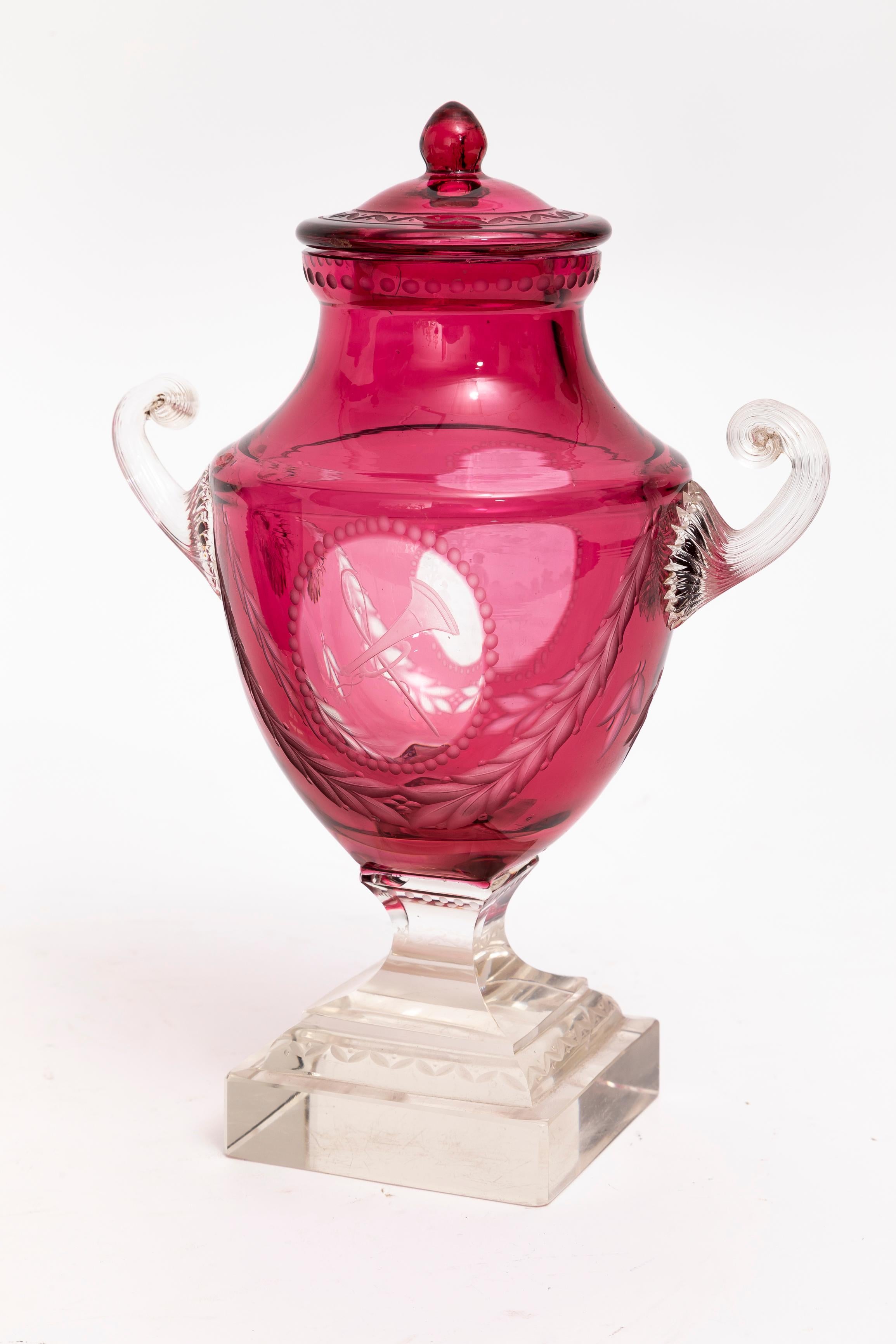 Crystal Pr. Baccarat Red Cut-to-Clear Covered Vases w/ Central Cameo of Hunting Trophies For Sale