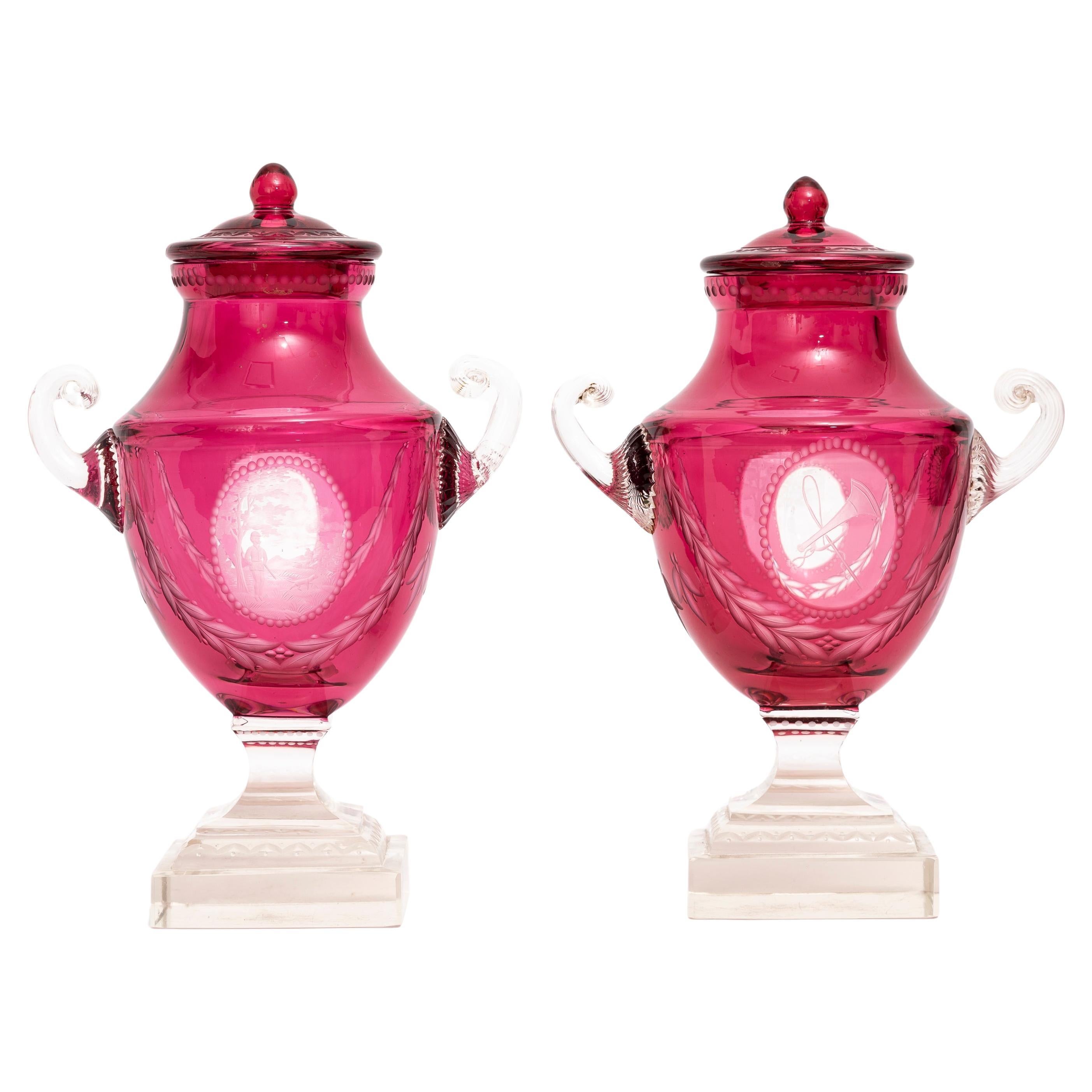 Pr. Baccarat Red Cut-to-Clear Covered Vases w/ Central Cameo of Hunting Trophies For Sale