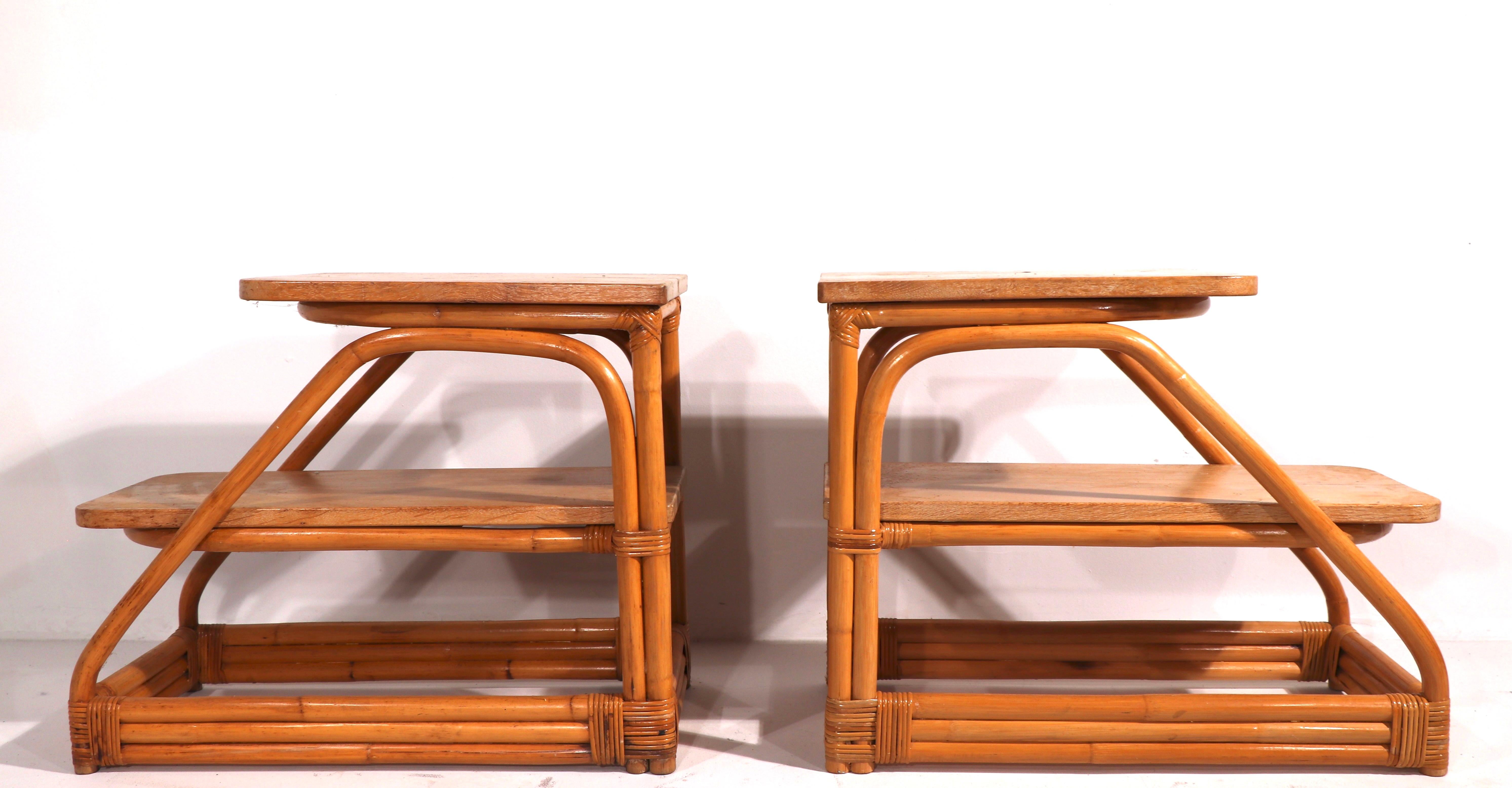 Mid-Century Modern Pr. Bamboo and Oak Two Tier End Tables For Sale