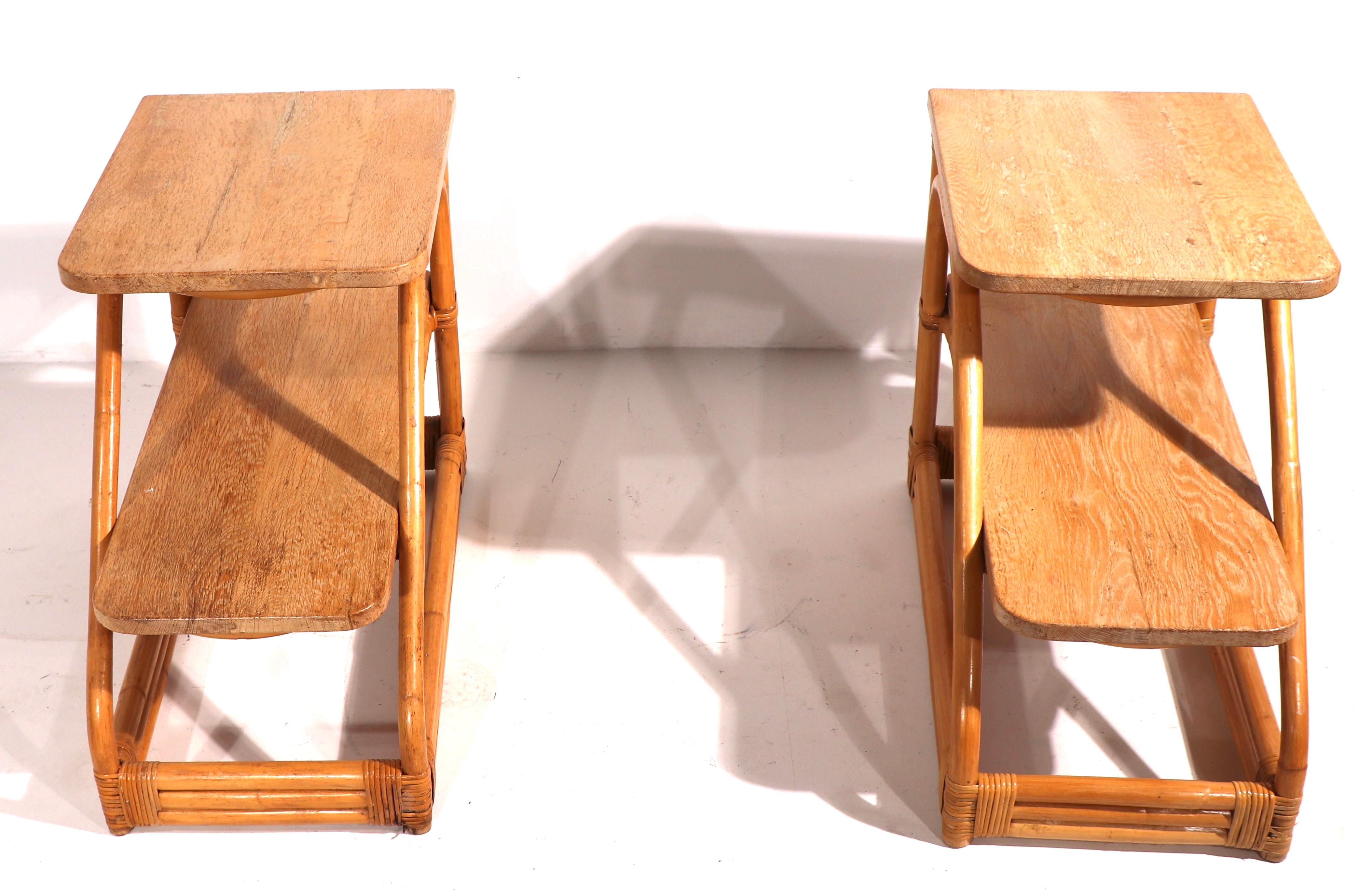 American Pr. Bamboo and Oak Two Tier End Tables For Sale