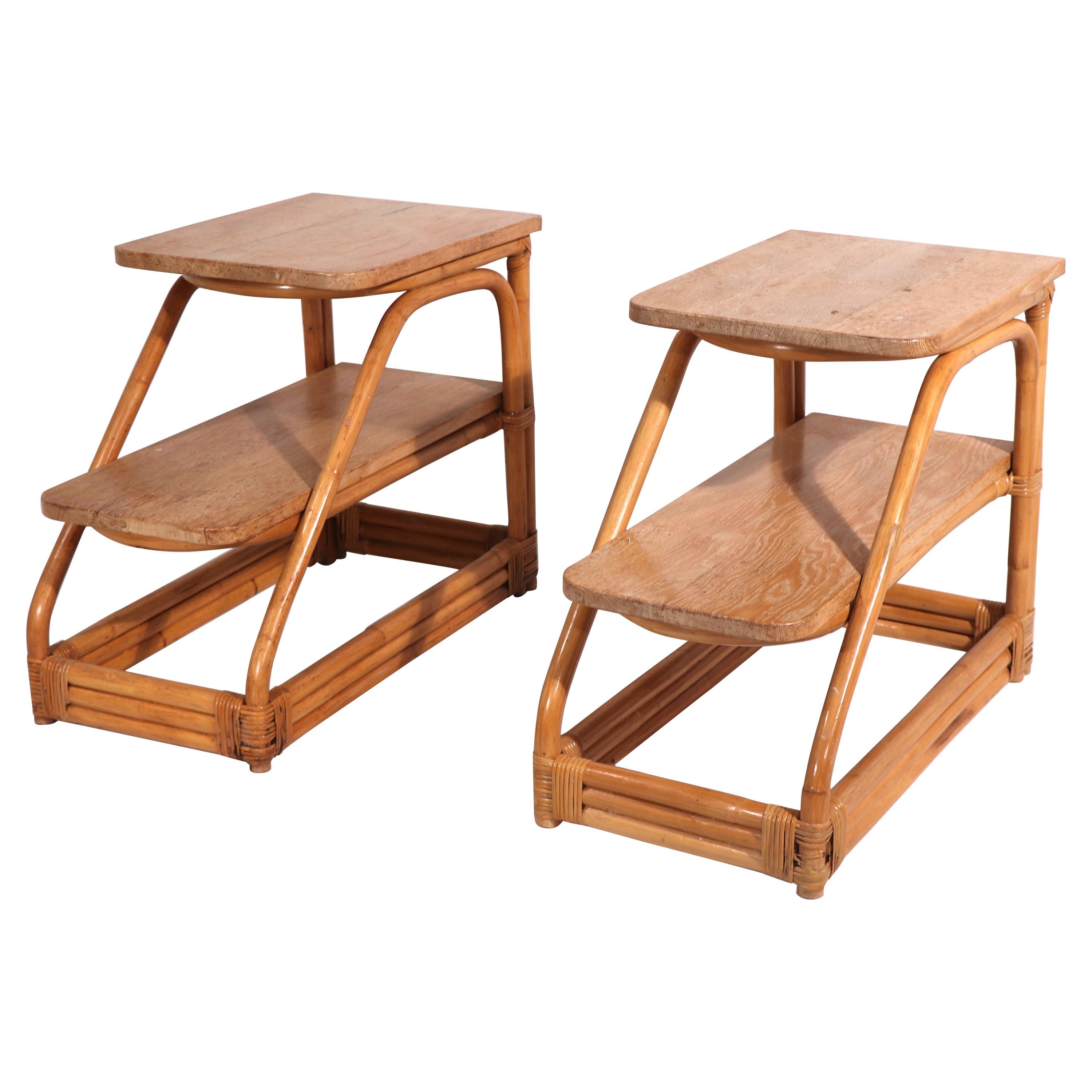 Paire Tables d'extrémité à deux niveaux en bambou et chêne