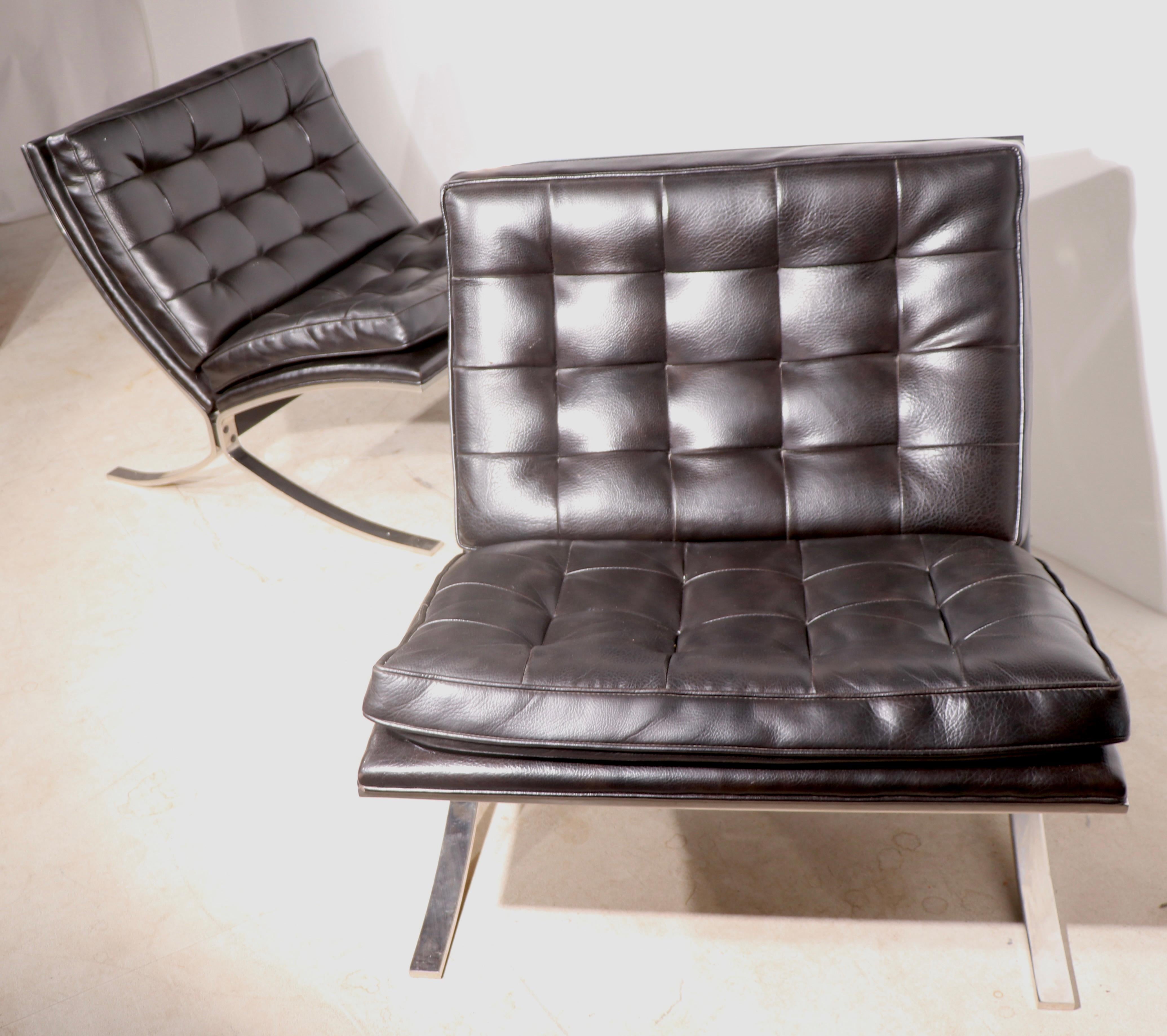 Rare pair of Barcelona style lounge chairs, designed by Kipp Stewart for Drexel. Like the iconic Mies chair, but the American designed and made version. These chairs  are actually much harder to come by, as the production was smaller and shorter in