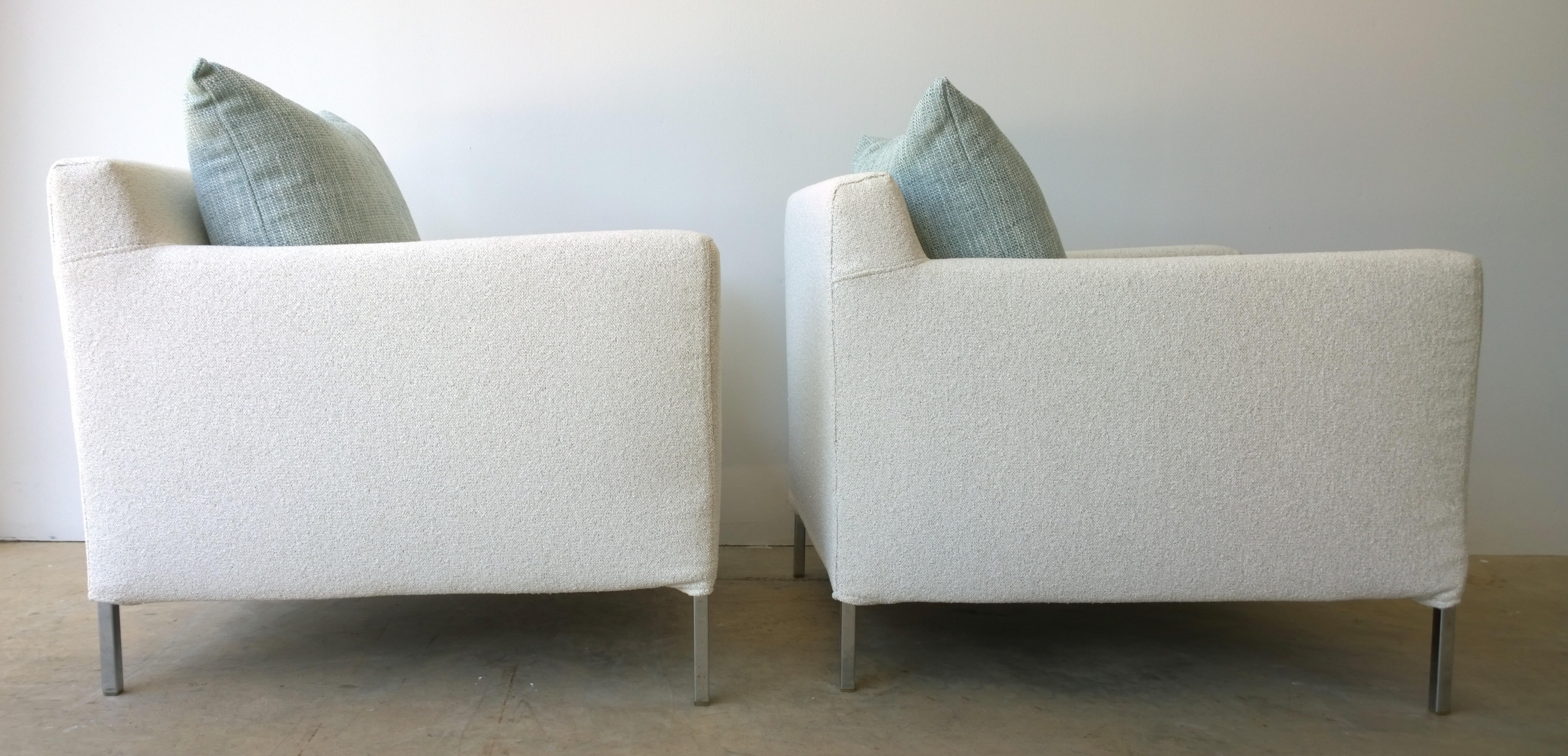 Pr B&B Italia Lounge Chairs w/ Chrome Legs & New White Upholstered Slip Covers For Sale 1