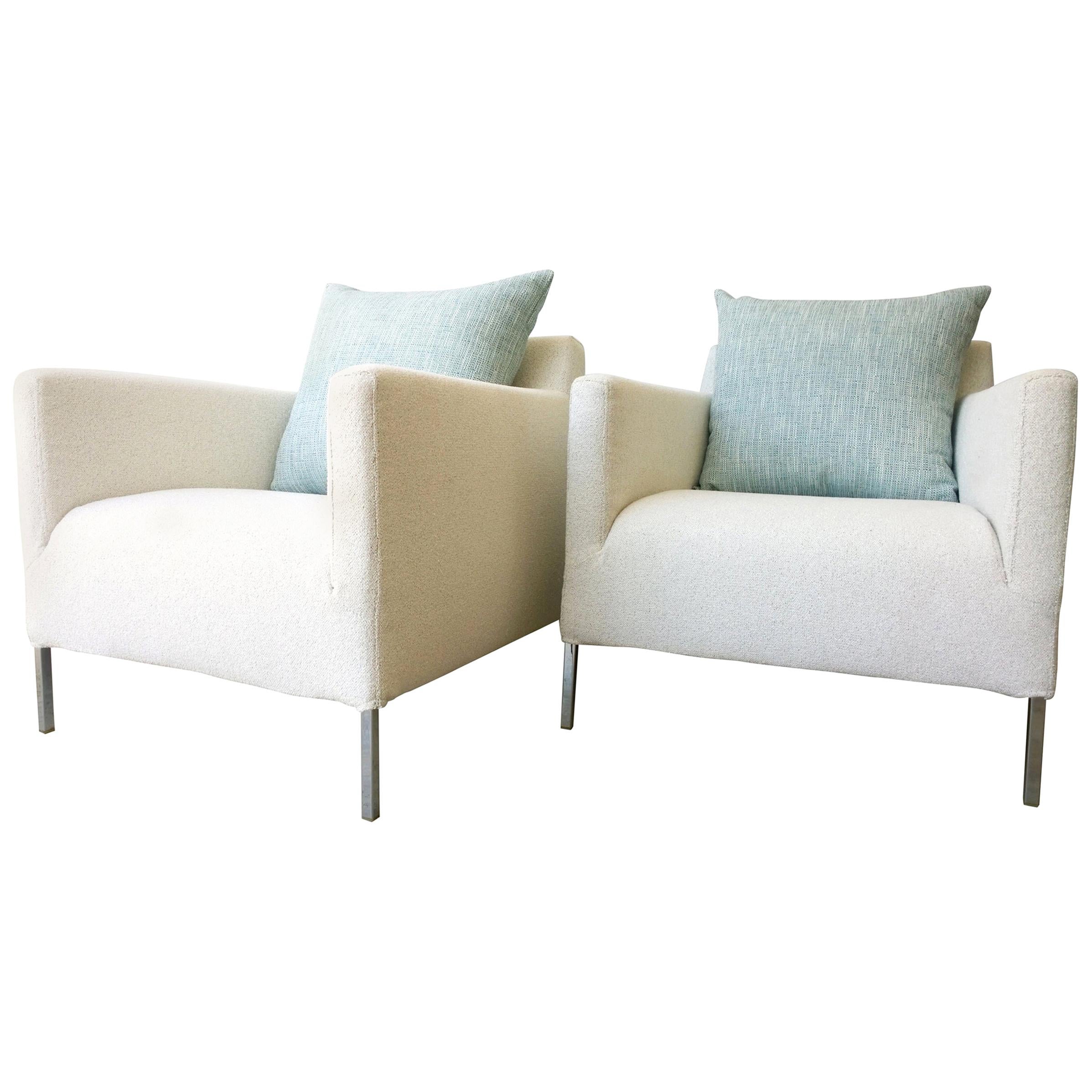 Pr B&B Italia Lounge Chairs w/ Chrome Legs & New White Upholstered Slip Covers For Sale