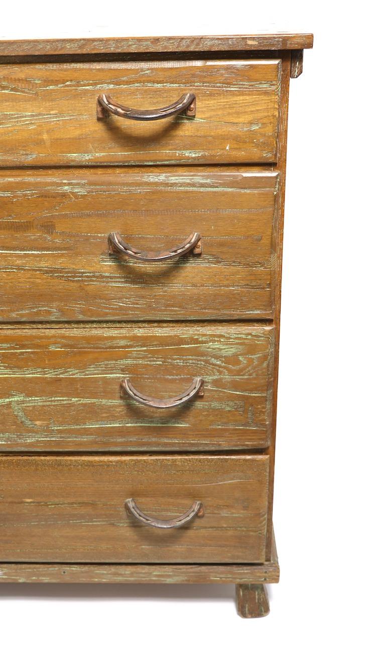 Iron Pair of Brandt Ranch Oak Rustic Cowboy Style 4 Drawer Dressers
