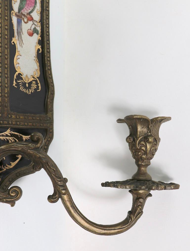 Chinese Export Pr. Brass Chinoiserie and Porcelain Mirrored Sconces Marked William Lowe