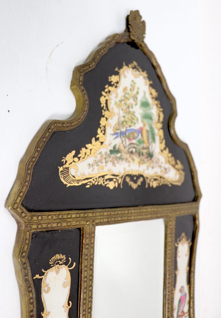British Pr. Brass Chinoiserie and Porcelain Mirrored Sconces Marked William Lowe